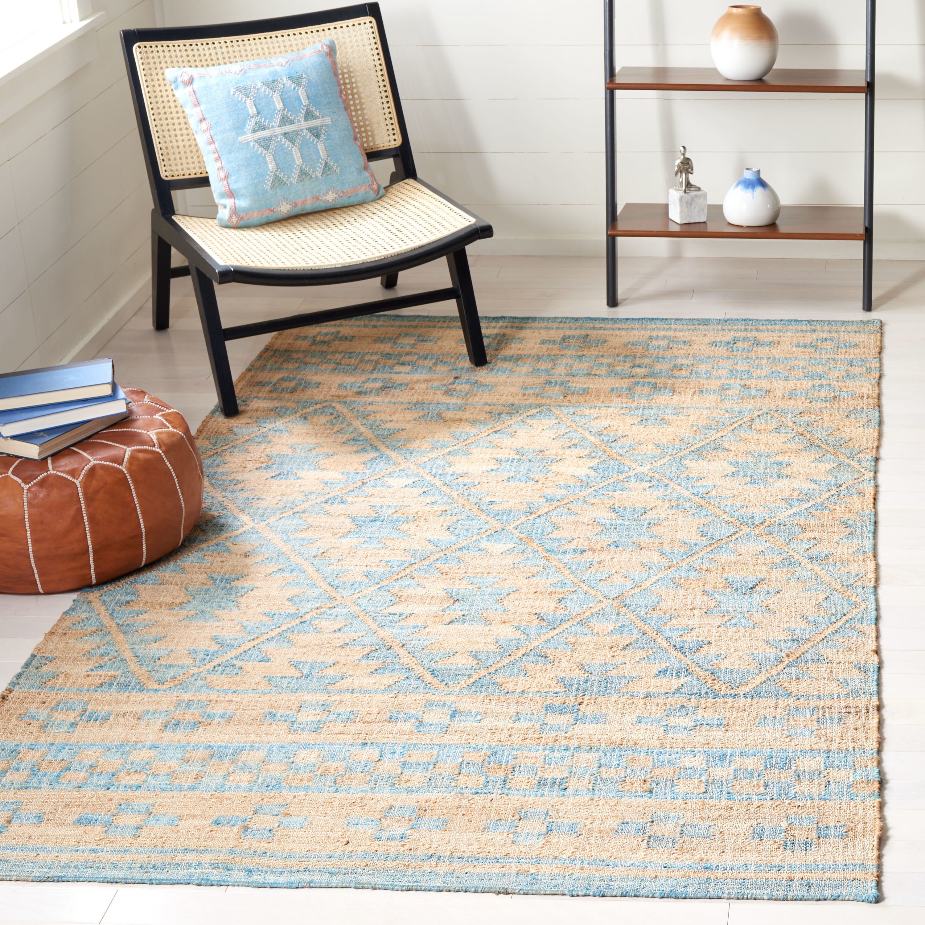 Handwoven Blue and Natural Tribal Flatweave Area Rug 5' x 8'