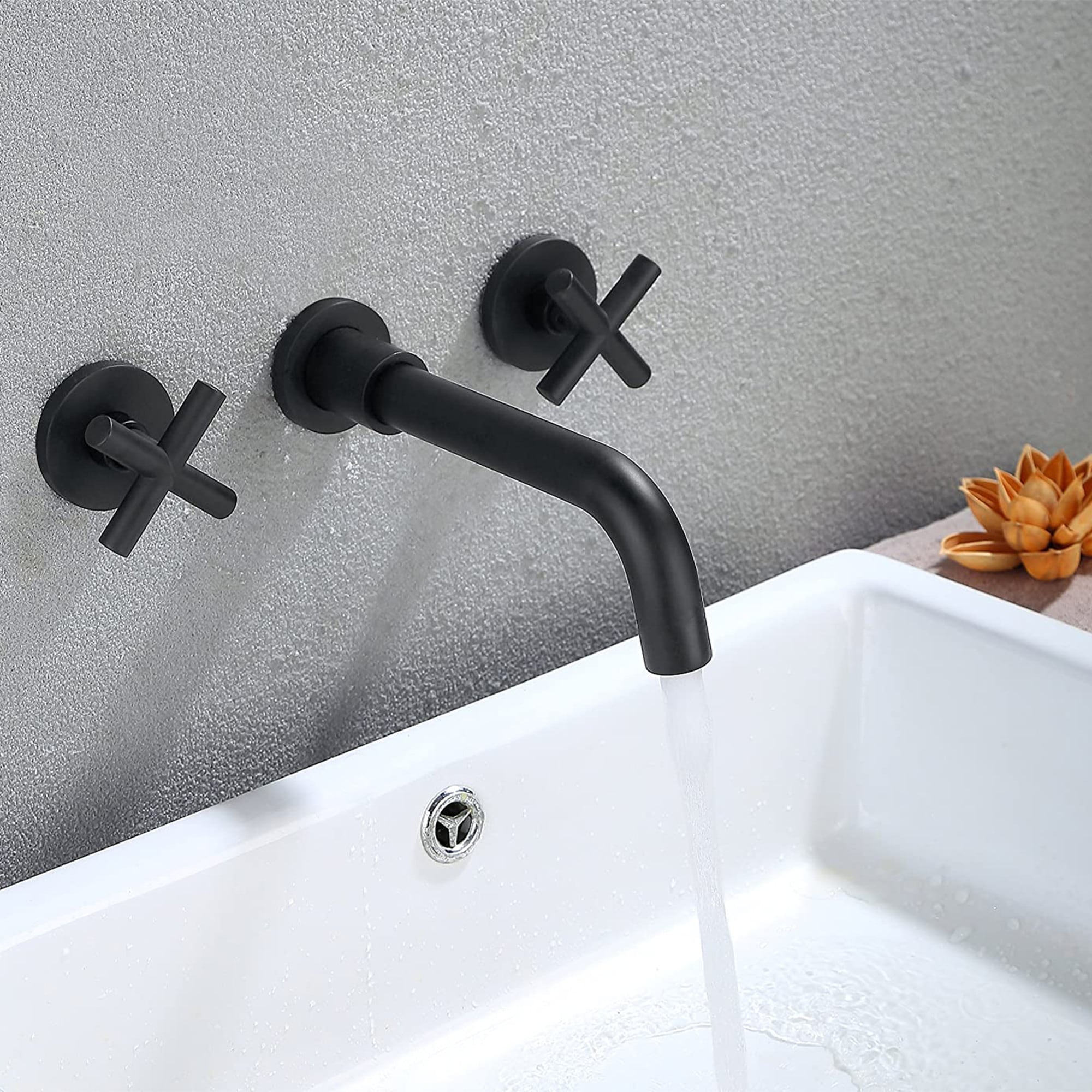 Wooakway Wall Mounted Bathroom Sink Faucet Matte Black in the