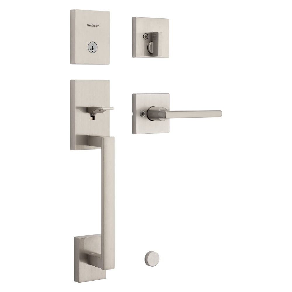 Kwikset Signature Series San Clemente Satin Nickel Exterior Single-Cylinder Deadbolt and Keyed Entry Door Handleset ft. SmartKey Security