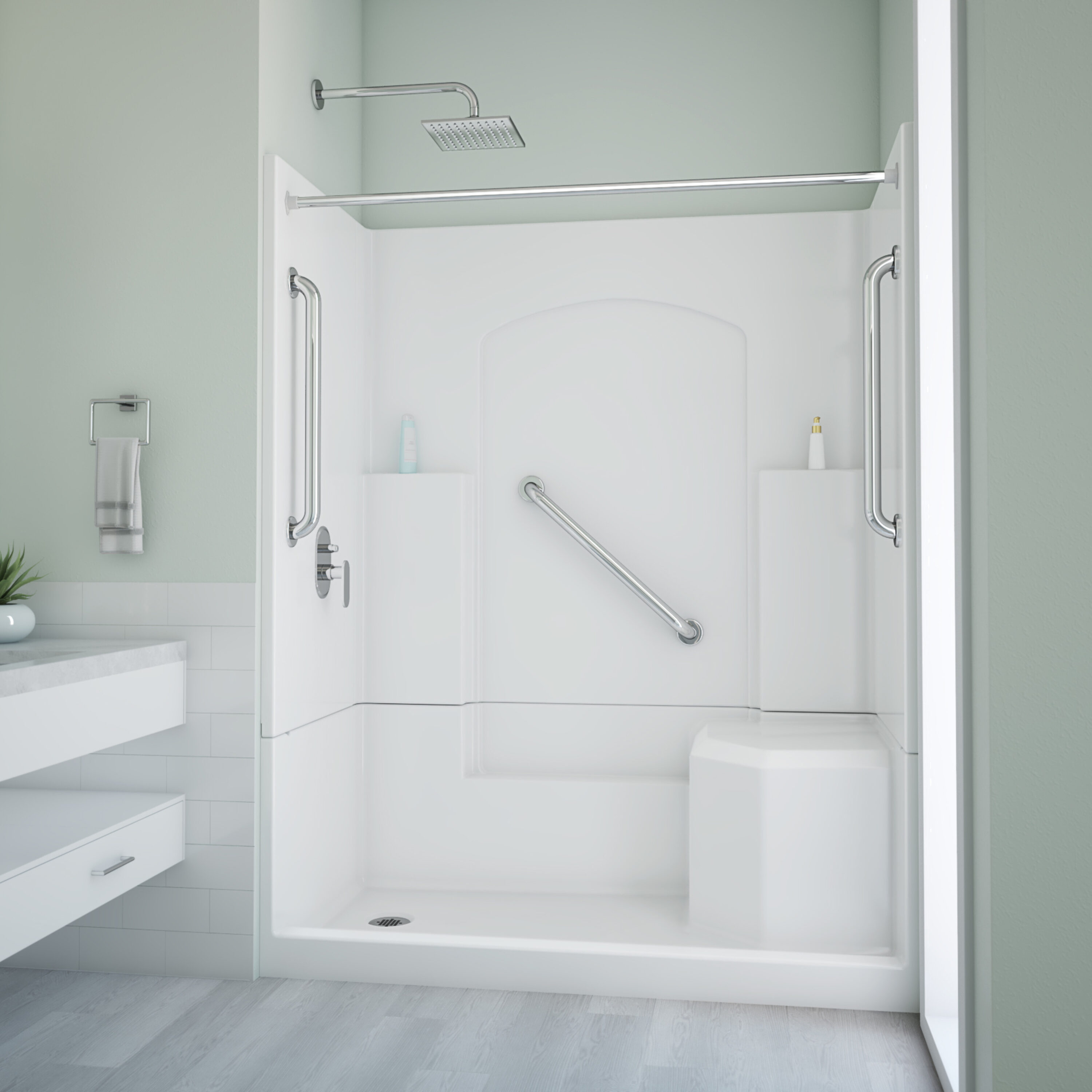 Laurel Mountain L3260SH1S4PRWC2 Ramer 4 -Piece 32-in W x 60-in L x 77-in H Alcove shower kit ( Left Drain) with Integrated Seat Base and Wall Drain and Chrome Hardware Included