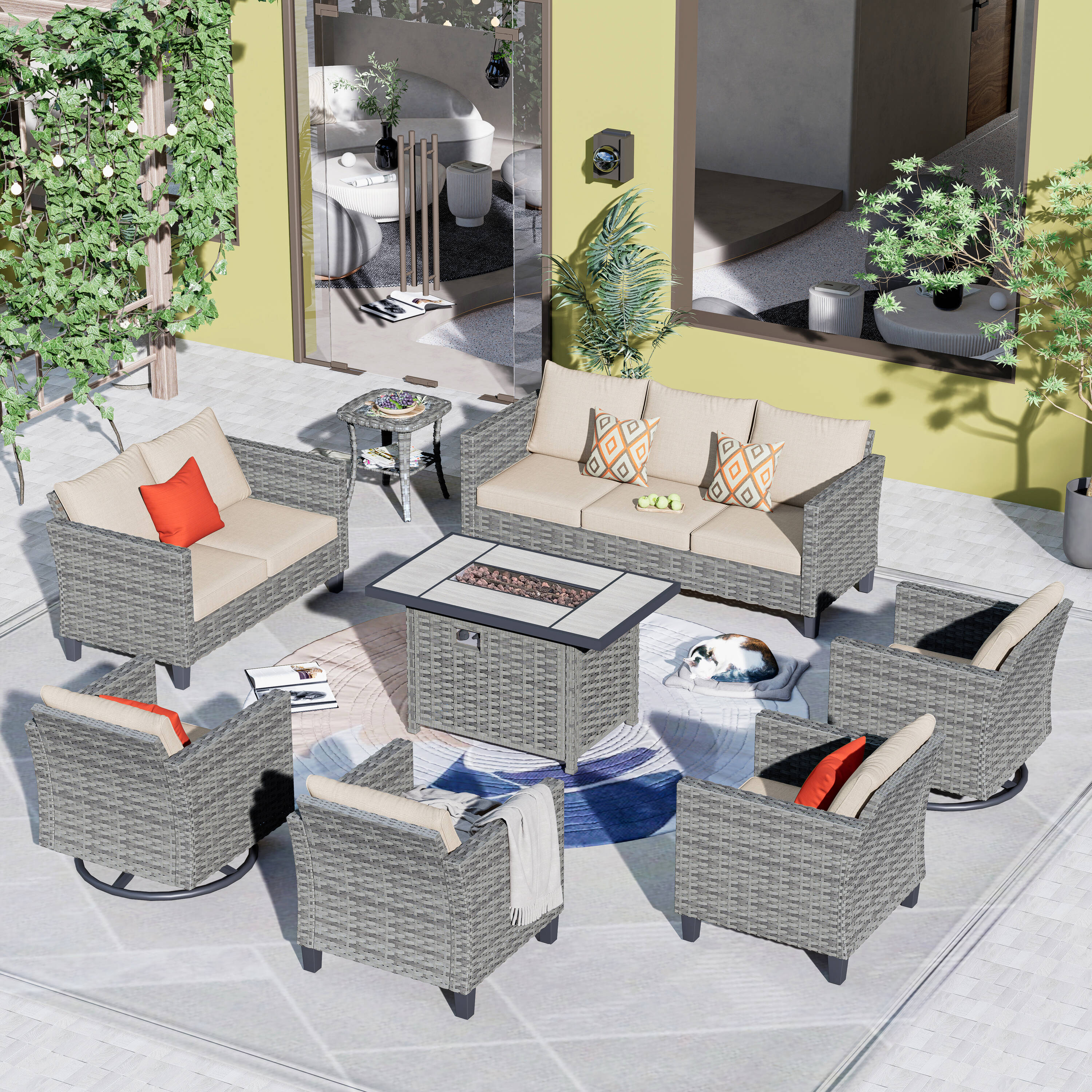 Pouuin SRFPYZGRS6011 8 -Piece Wicker Patio Sofa Conversation Set with Beige Cushions