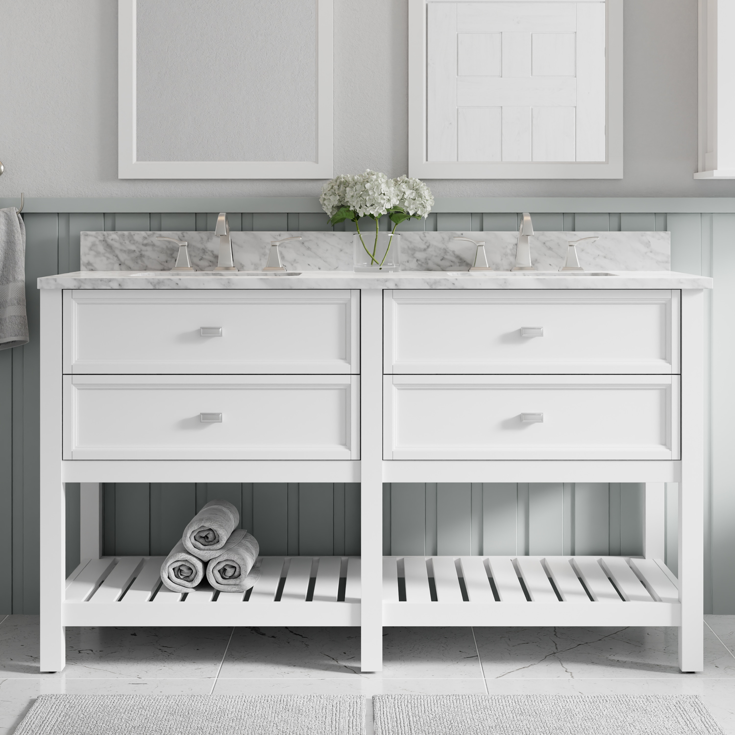 Canterbury 60-in White Undermount Double Sink Bathroom Vanity with Natural Carrara Marble Top | - allen + roth 1227VA-60-201-900