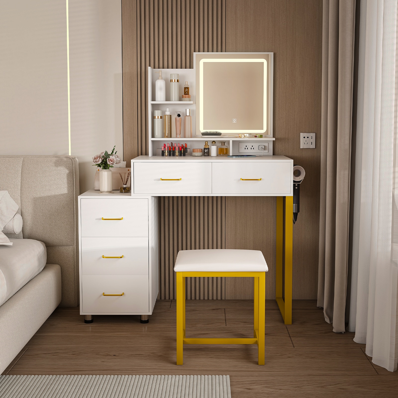 LOVMOR SF-WO-W509P293822 Makeup Vanity with LED Lights 3 Color and Power Outlet Makeup Vanity Table with 5 Drawers with Sturdy Metal Leg and Metal Chair Dressing Table for Bedroom Dressing Room White