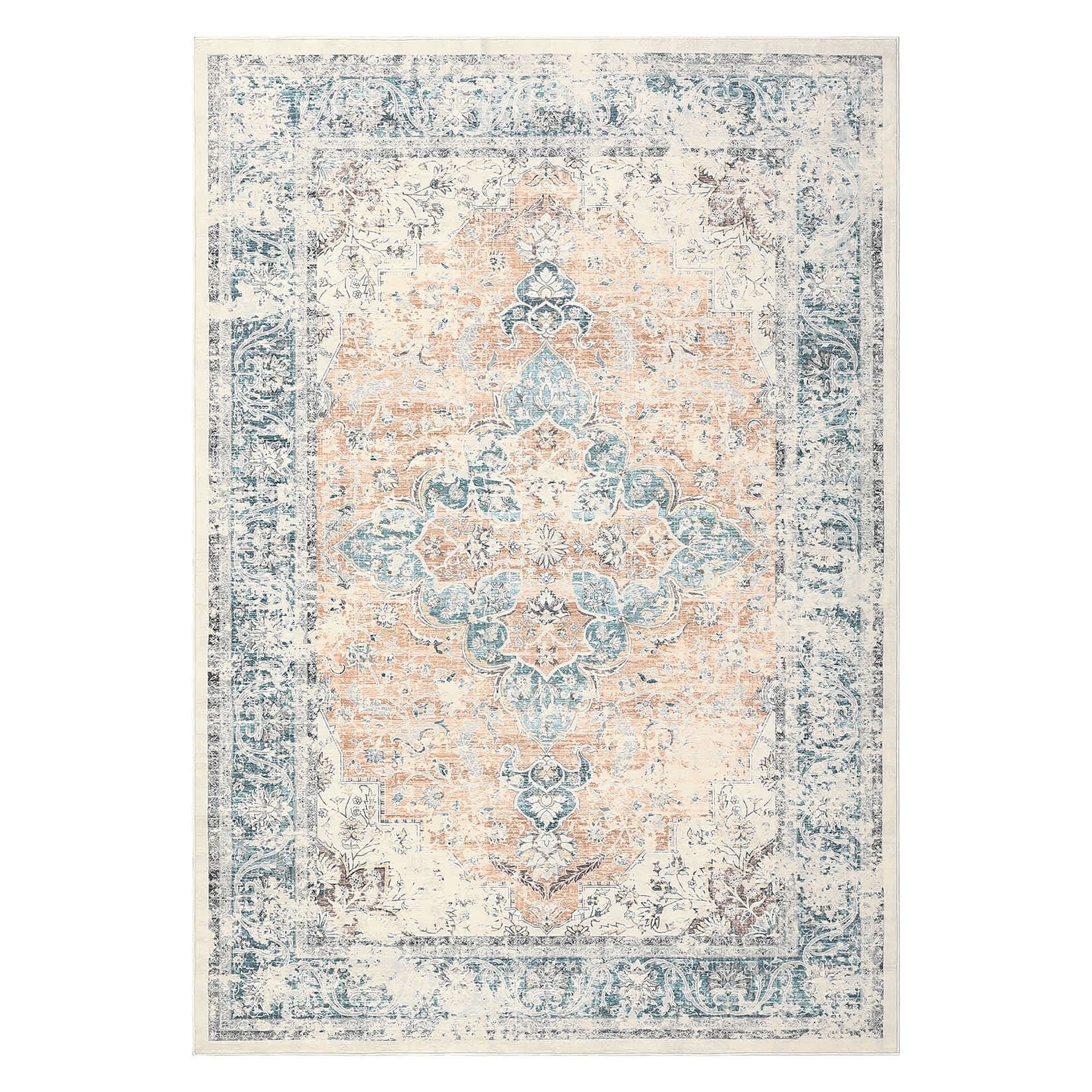 Qeetex LSN-PHO-15N6331I 8 x 10 ft Polyester Imitation Cashmere Light Orange Rectangular Hallway Bathroom Entryway Kitchen Office Foldable Flower Printed Persian Washable Area Rug