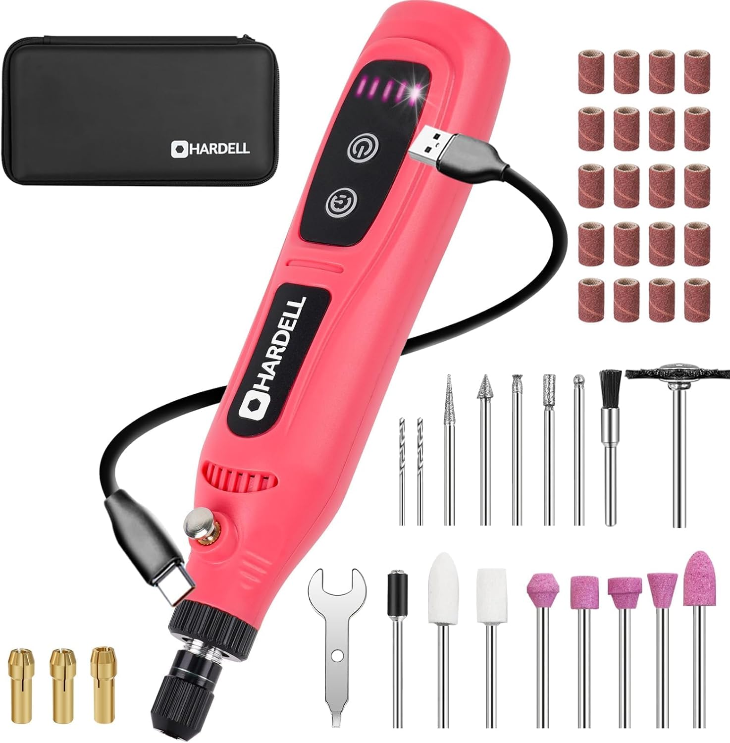 HARDELL B0D4HP5GDH Mini Cordless Rotary Tool Kit with 43 Accessories 5 Speed Type C Charging for Engraving Sanding Polishing Drilling Grinding and Small DIY Crafts Pink