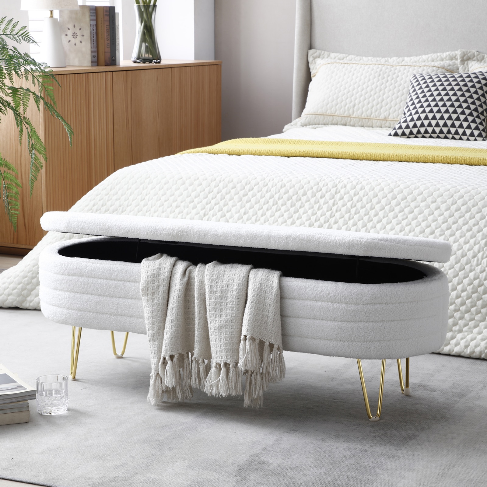 Qeetex - Multifunctional End Of Bed Bench Ottoman Storage Upholstered Entryway Ottoman Sitting Be...