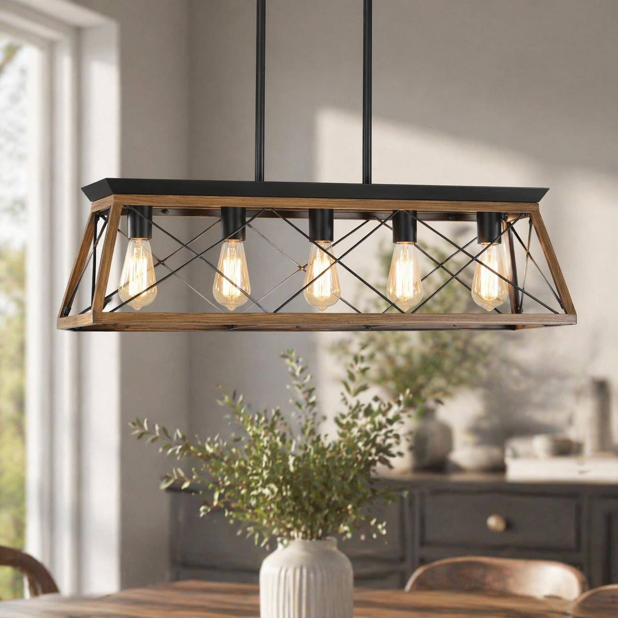 xersbav Farmhouse Faux Wood Chandelier 5 Light Rectangular Rustic Pendant Light Fixture for Dining Room Kitchen Island 32in Walnut