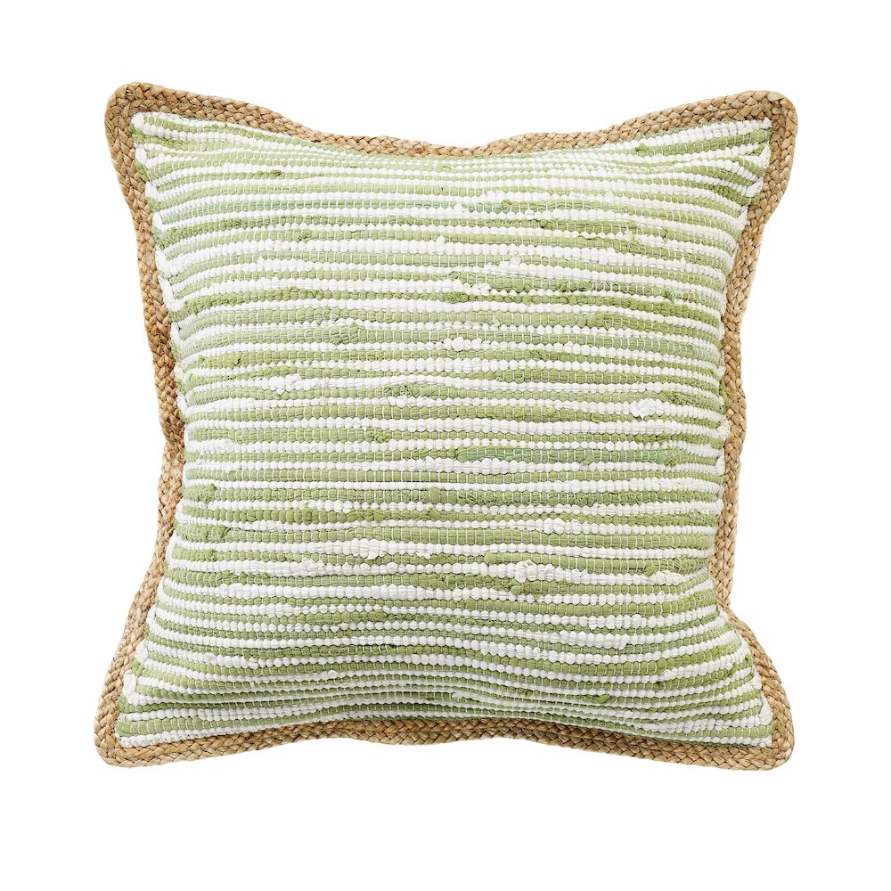 LR Home Ox Bay Hand-Woven Green/White Bordered Cotton Blend Pillow Cover