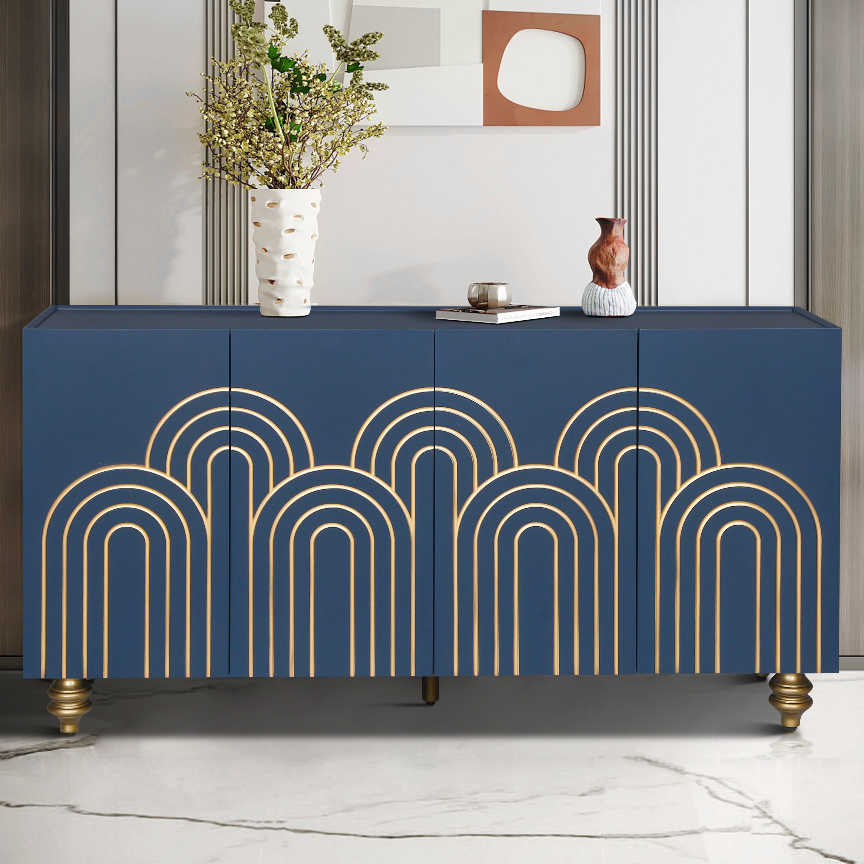 Tatayosi JL-5P256477 Modern Fluted Sideboard Buffet with Storage; Curve Element with Strict Lines; 4 Doors Storage Cabinet with Adjustable Shelves for Kitchen; Dining Room; Living Room (Navy Blue)