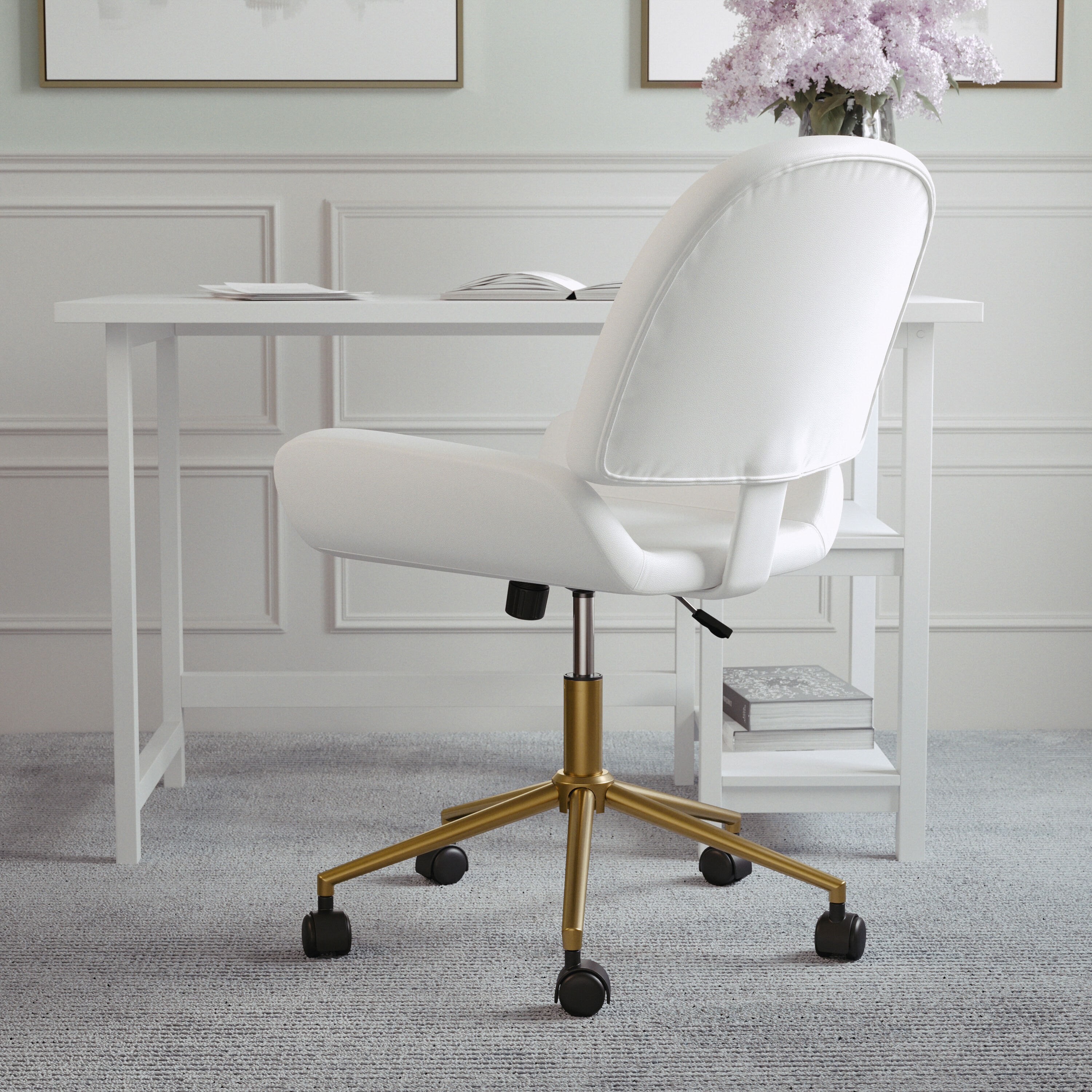 White Faux Leather Armless Swivel Office Chair with Brass Base