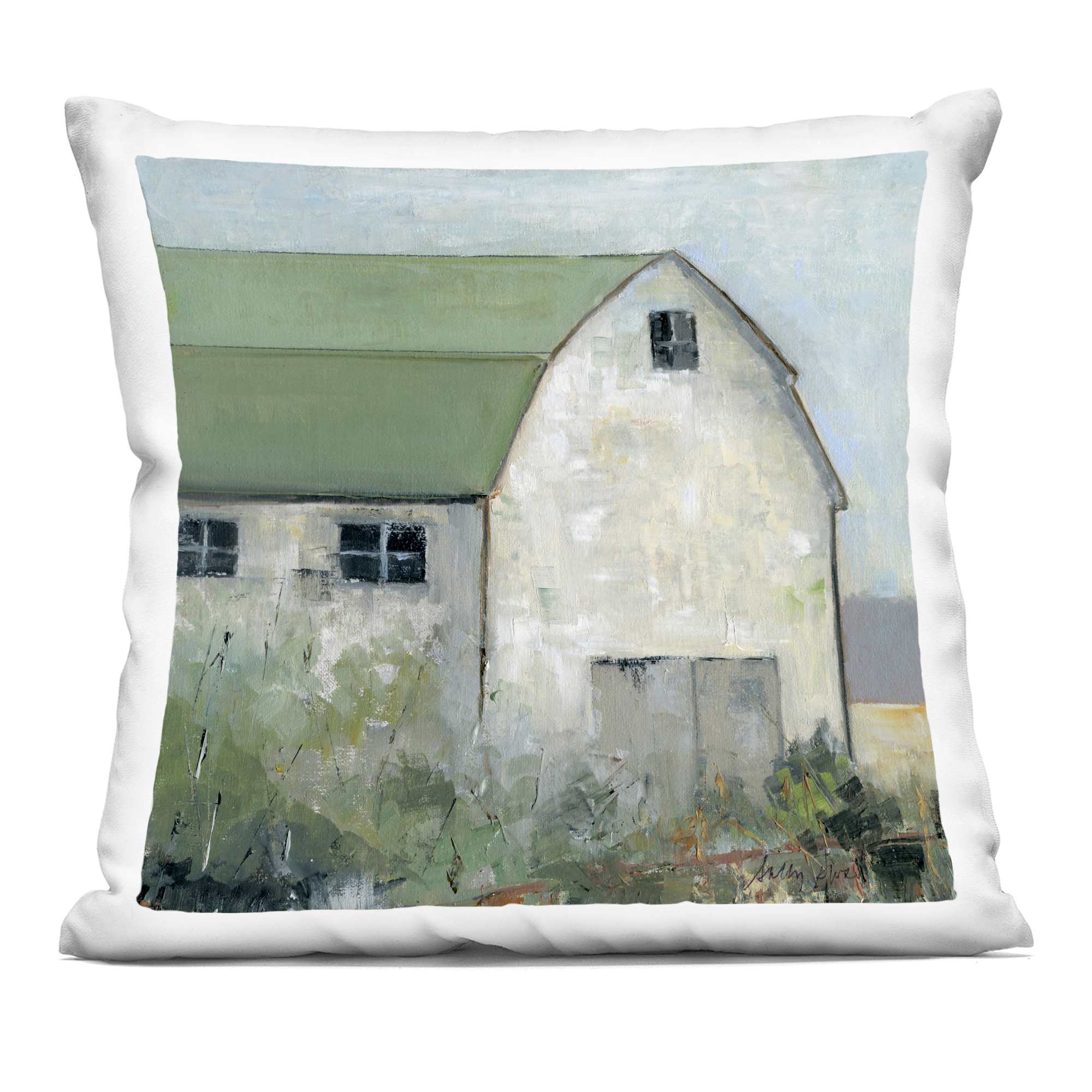 Stupell Industries PLO-788-SQW-18X18 Barn View with Green Roof Decorative Printed Pillow Design by Sally Swatland