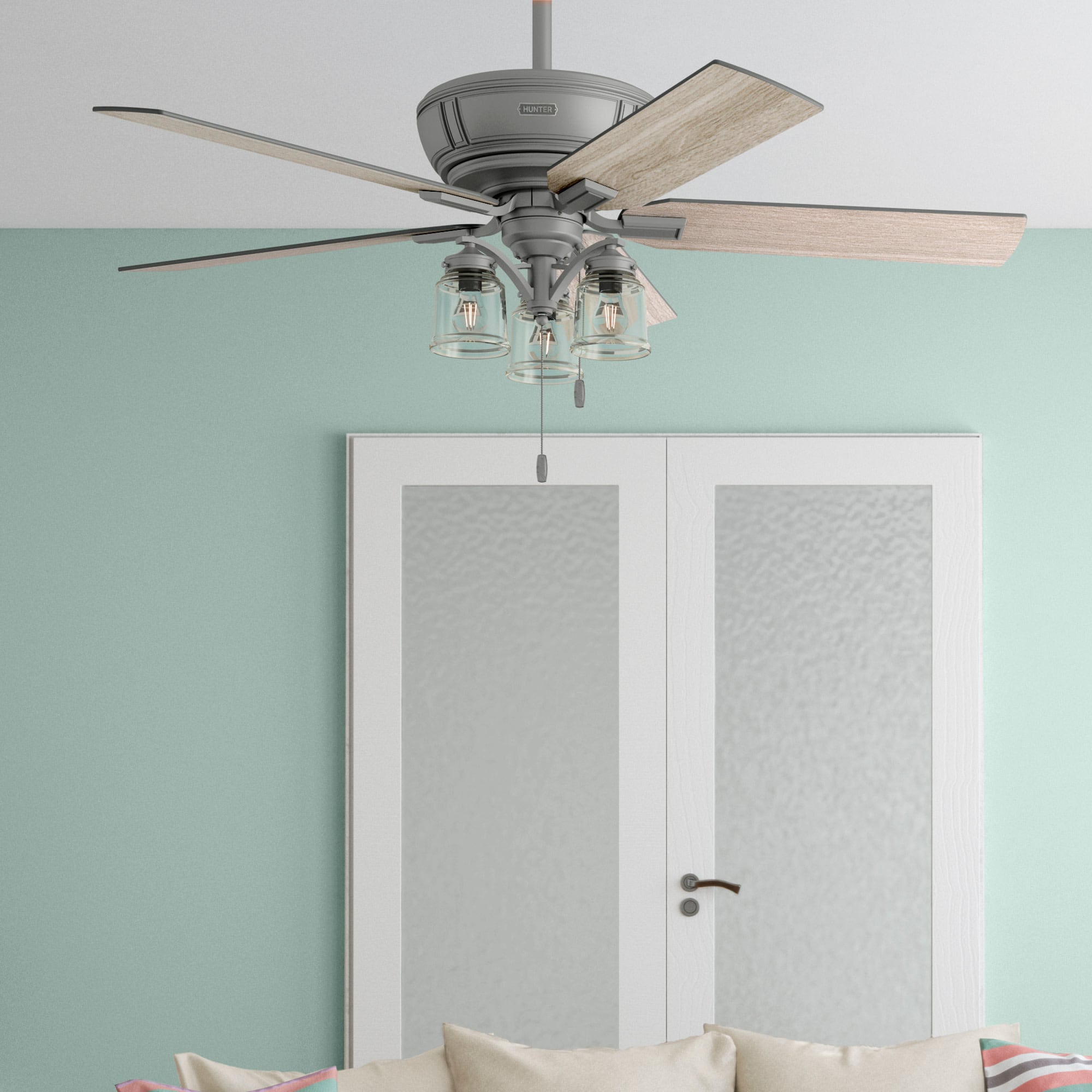 Hunter 52433 Maya 54-in Matte Silver with Light Gray Oak/Warm Grey Oak Blades Ceiling Fan With Light ( 5 -Blade )