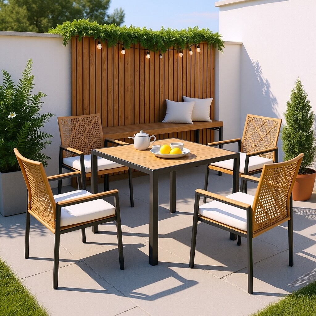 Homy Casa AWP YE AWP All Weather 5-Piece Patio Dining Table Set with Acacia Wood Table Top and Umbrella Hole Yellow Rattan Chairs
