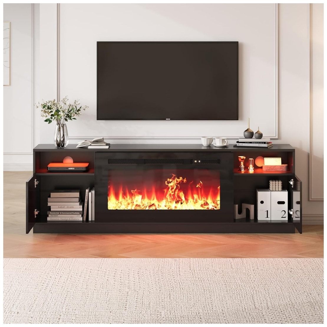 Garvee - 70 Inch Fireplace TV Stand with Electric Heater 36 Inch Entertainment Center with 12 Fla...