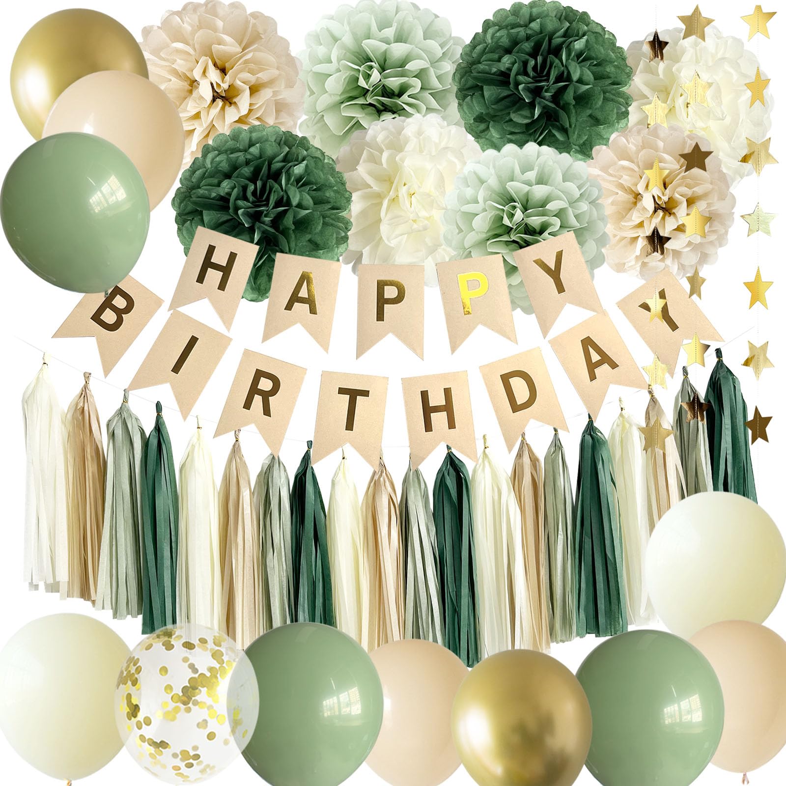 Anqtovp Sage Green Birthday Party Kit Banner 4.5x6.3 inch 22 pcs Latex Balloons 8 pcs 10 inch Pom Poms 20 pcs Tassel Garland #LAN0227P26