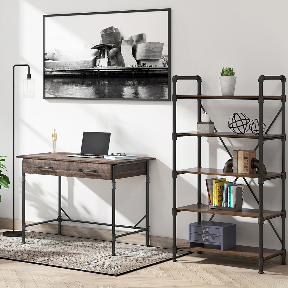 allen + roth Distressed Brown Metal 5-Shelf Bookcase (31.5-in W x 60-in H x  17.75-in D) in the Bookcases department at