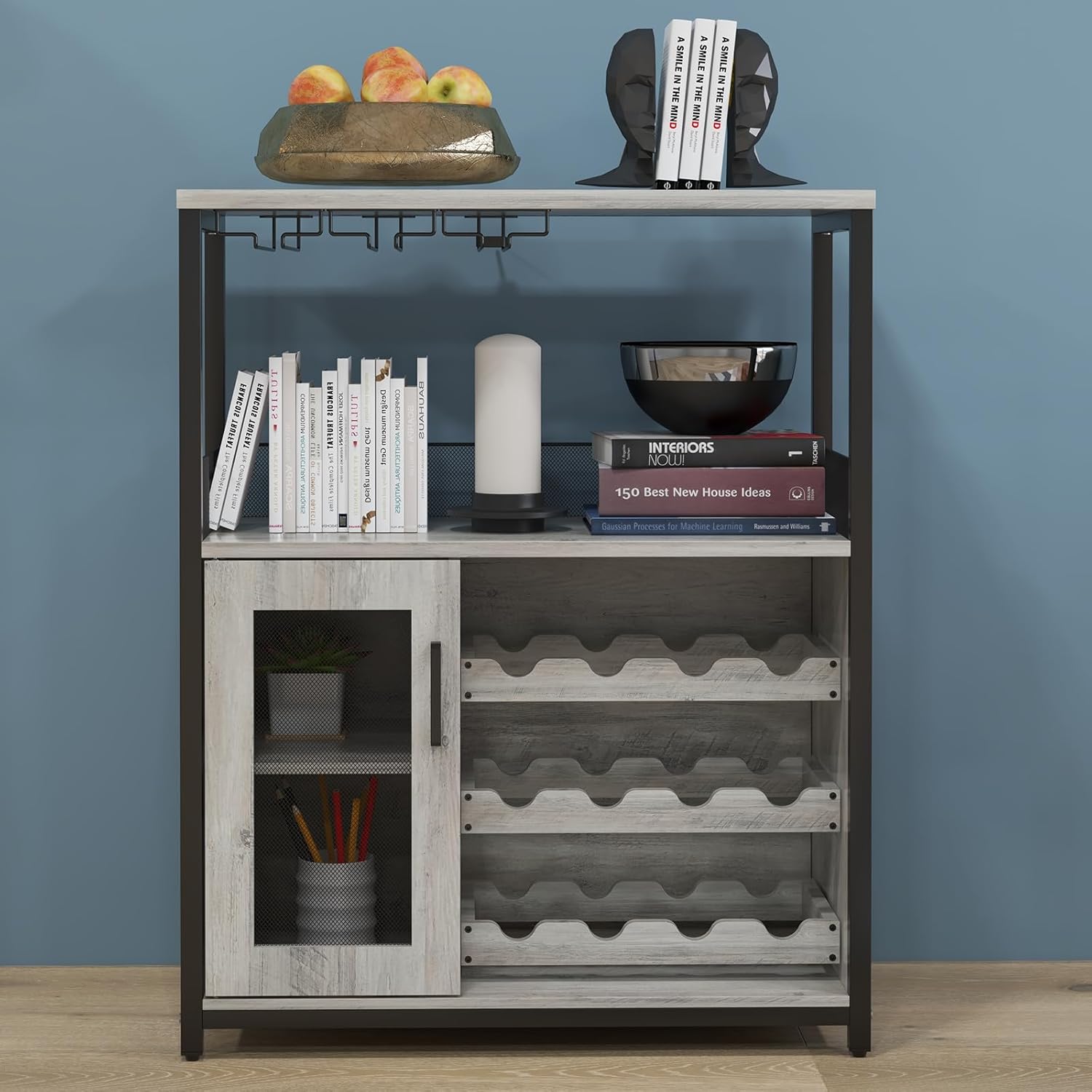 Qeetex DHZ-PHO-0WLQ319B 3-Tier Wine Bar Cabinet with Detachable Wine Rack Glass Holder and Mesh Door Buffet Cabinet for Kitchen Living Room and Bar Ample Storage Space