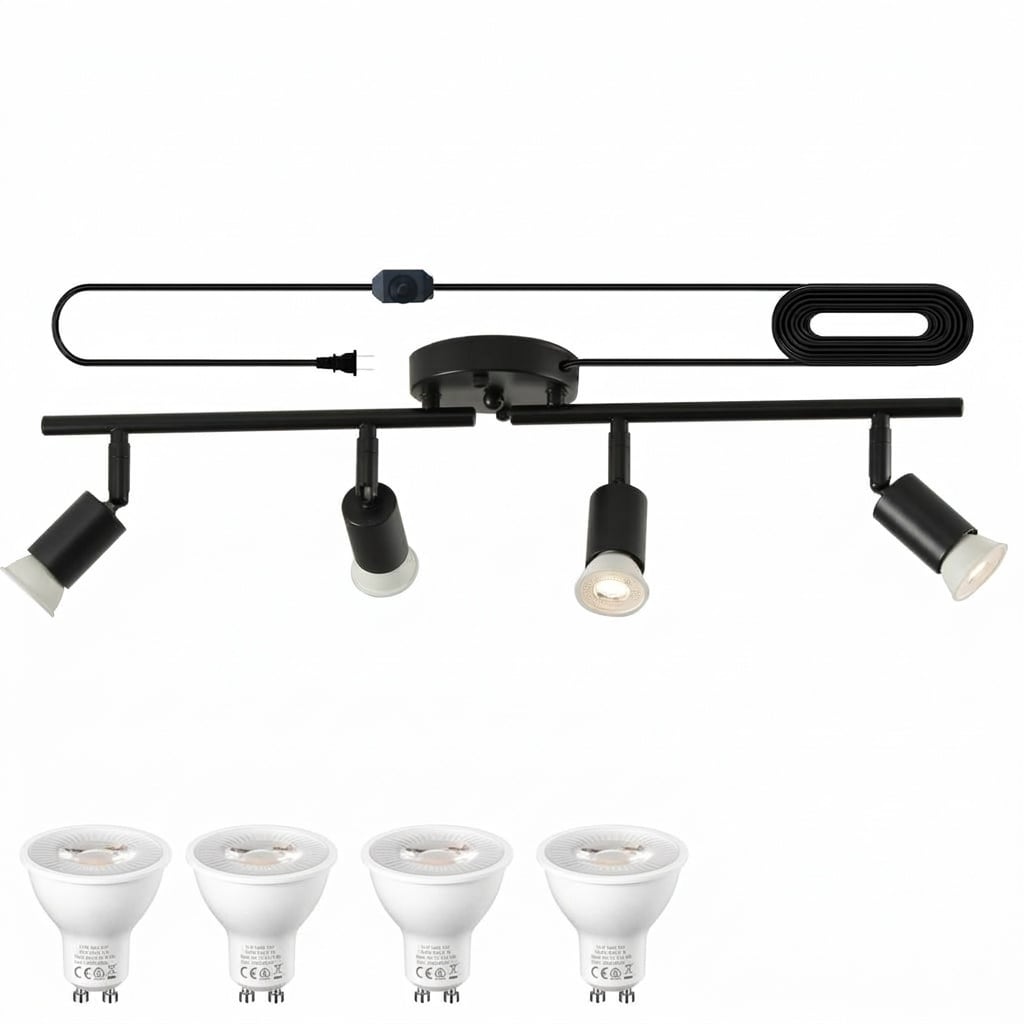 Lukvuzo  4 Piece Black Plug In Track Lighting Fixture with 3 Rotatable Heads Dimmable LED Spot Bulbs 16.4 Foot Cord Modern Ceiling Light