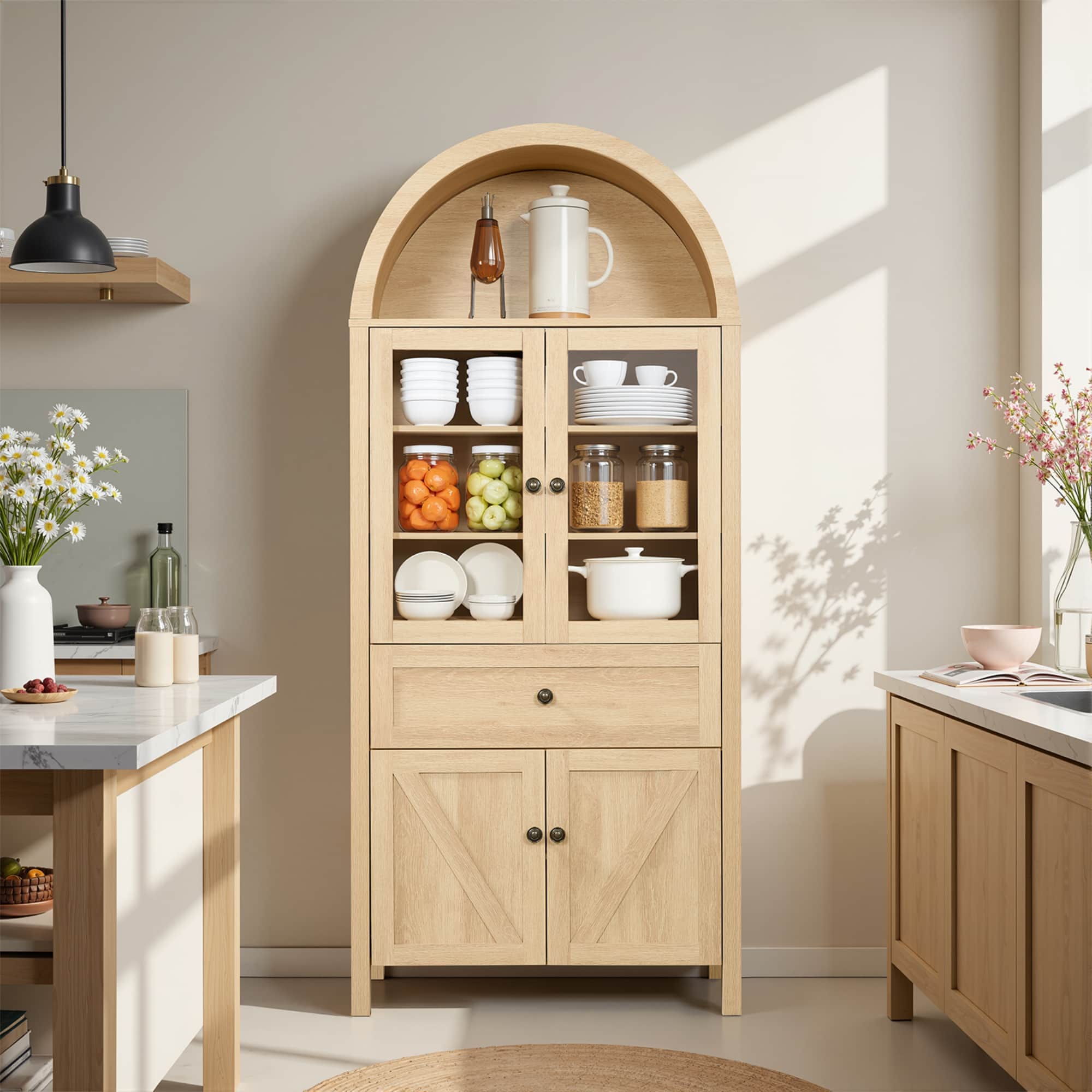 Maison Boucle 71 Inch Tall Storage Cabinet with Glass Doors Natural Oak Finish for Dining Room or Living Room