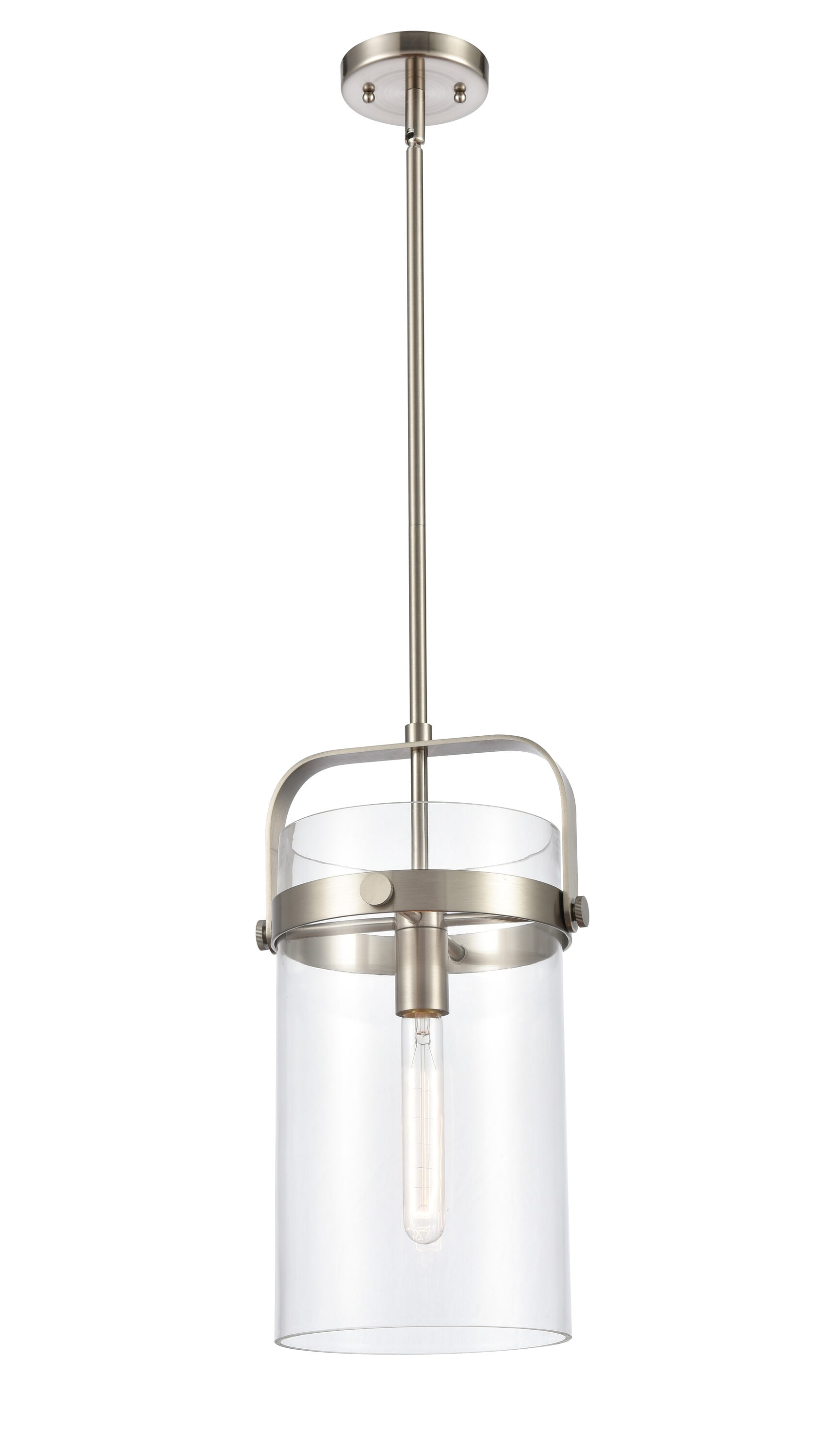 Innovations Lighting 413-1S-SN-8CL Pilaster Brushed Satin Nickel Industrial Clear glass Cylinder Medium Hanging Pendant light