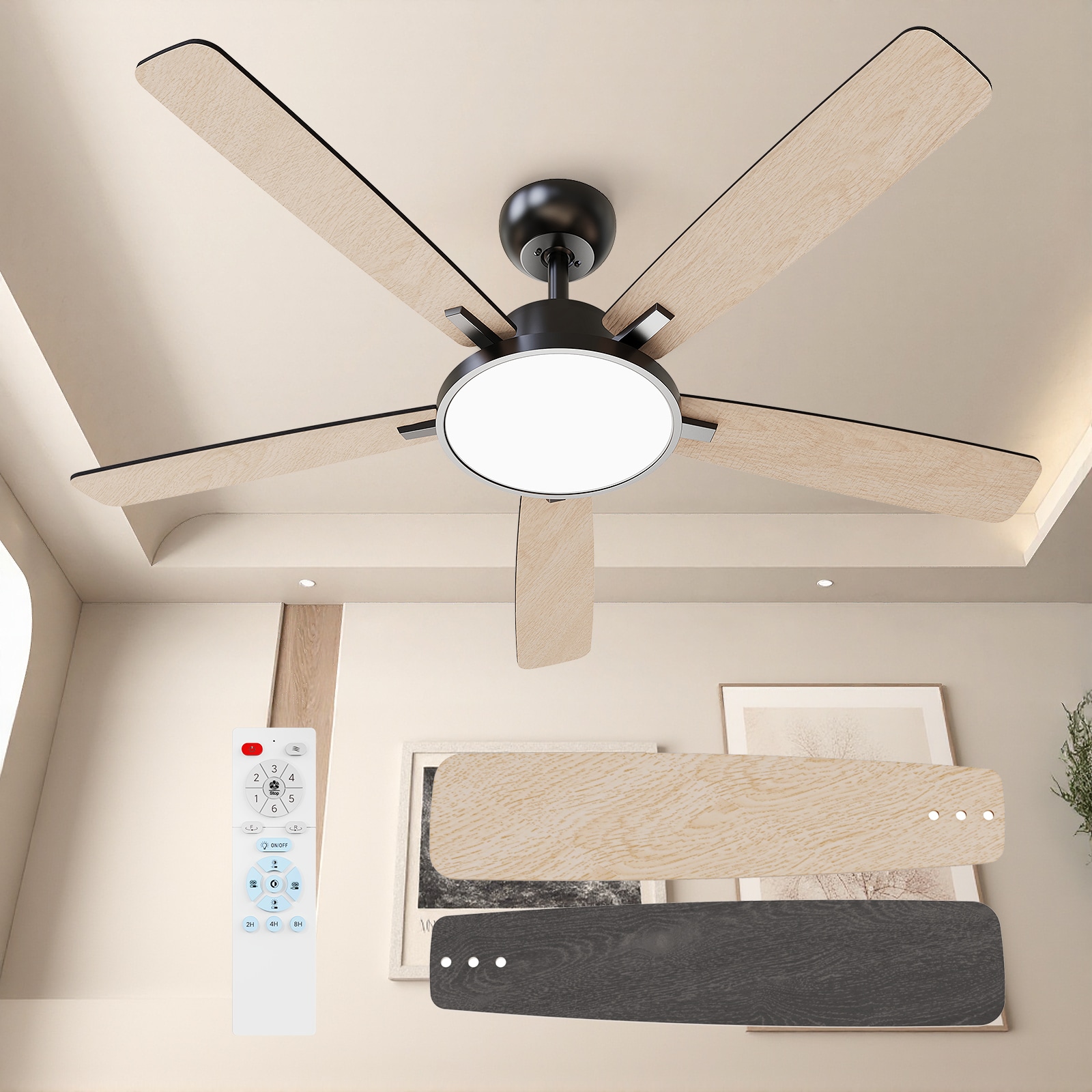 TALOYA 52-in Modern Matte Black Downrod Ceiling Fan with Dimmable LED Light Remote Reversible DC Motor and 5 Dual Finish Light Wood Grain and Gray Plywood Blades for Bedrooms Living Rooms and Home Offices