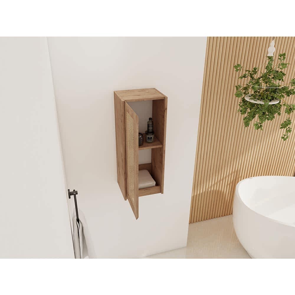 JUJABU ZJWALLCAB-5 Imitative Oak 12in Bathroom Side Cabinet Soft Close Doors Float Mounting Design