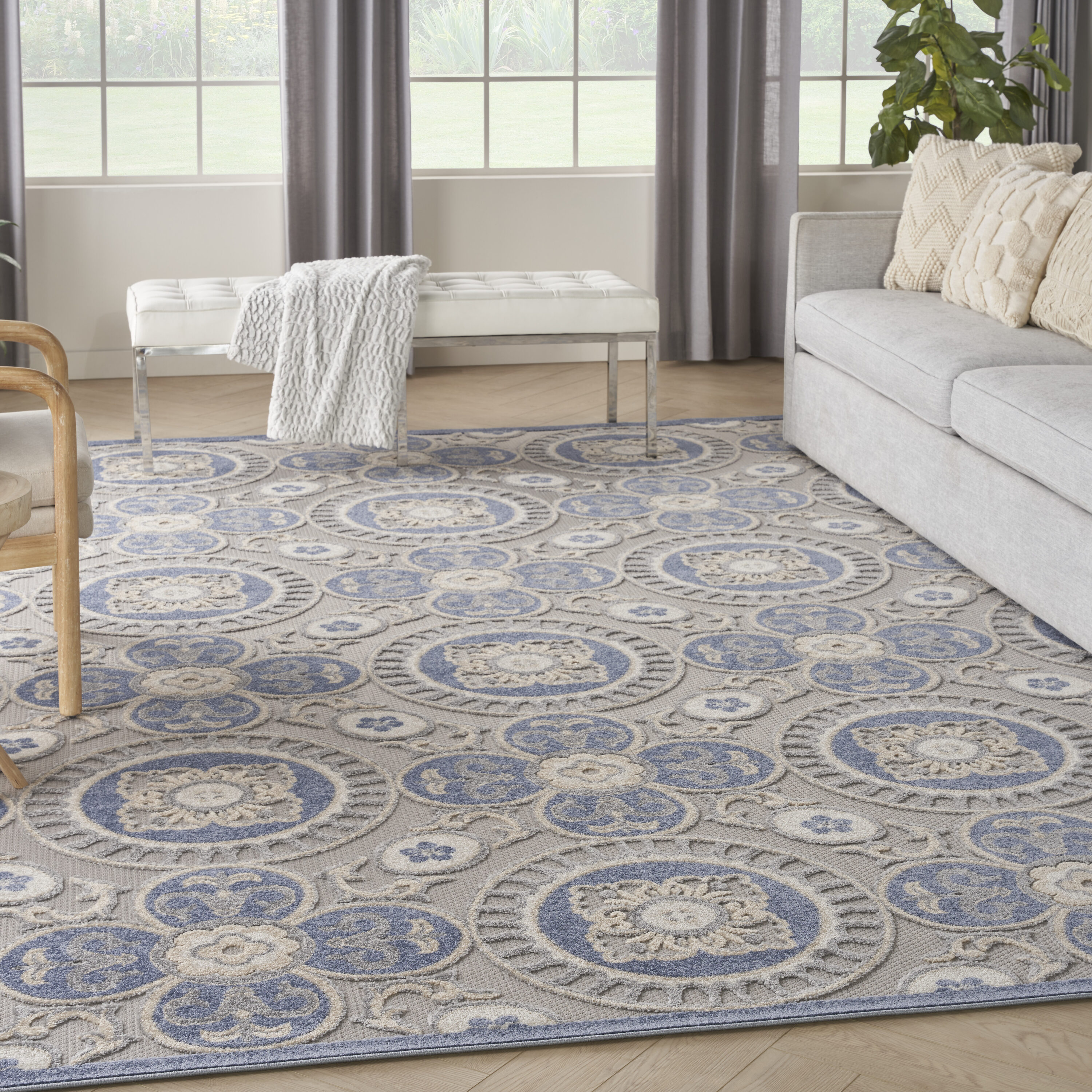 Nourison 099446168269 Aloha 7 x 10 (ft) Loomed Polypropylene Blue/Grey Rectangular Indoor/Outdoor Medallion Tropical Area rug