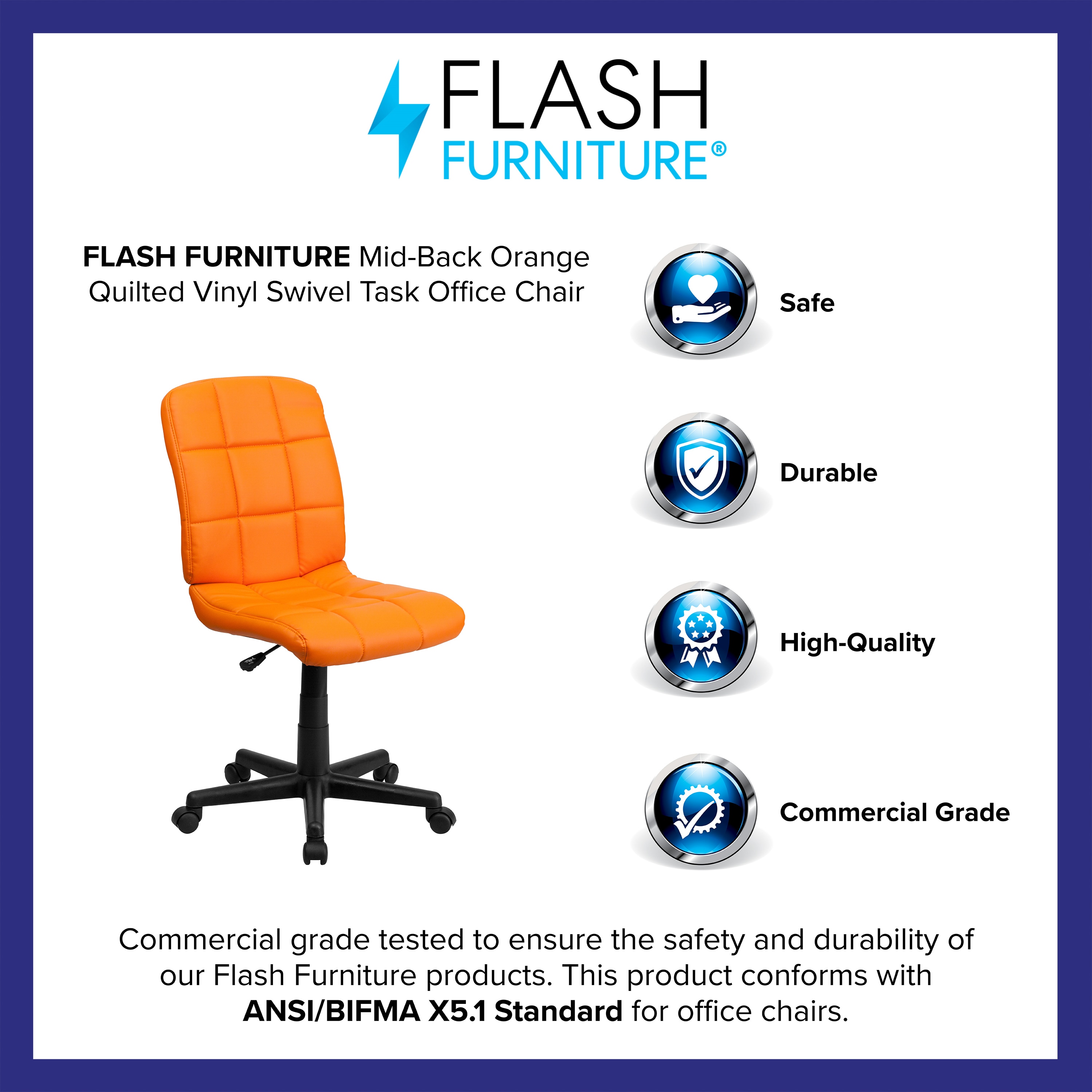 Ergonomic Mid-Back Orange Vinyl Swivel Task Chair
