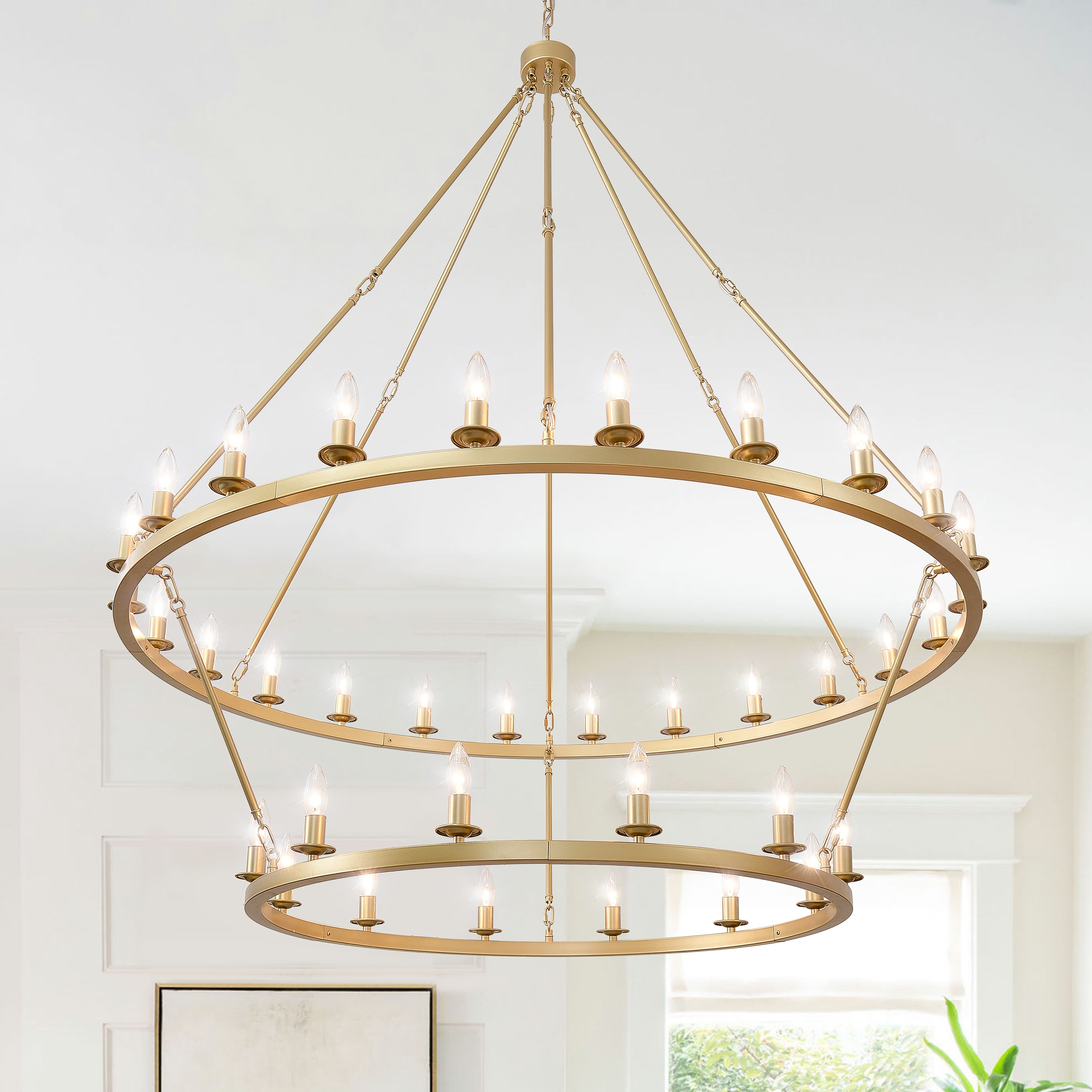 Kirahee 36-Light Gold 2-Tier Wagon Wheel Chandelier