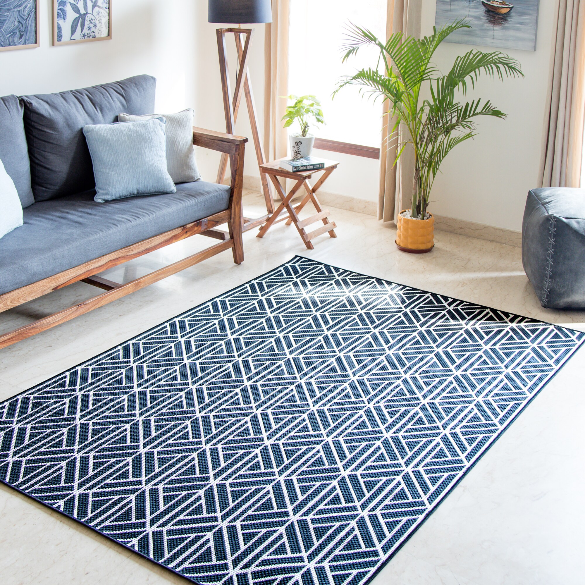 Durable Geometric Kitchen Utility IN & OUT Door Runner Rugs Navy Blue Anti Slip 