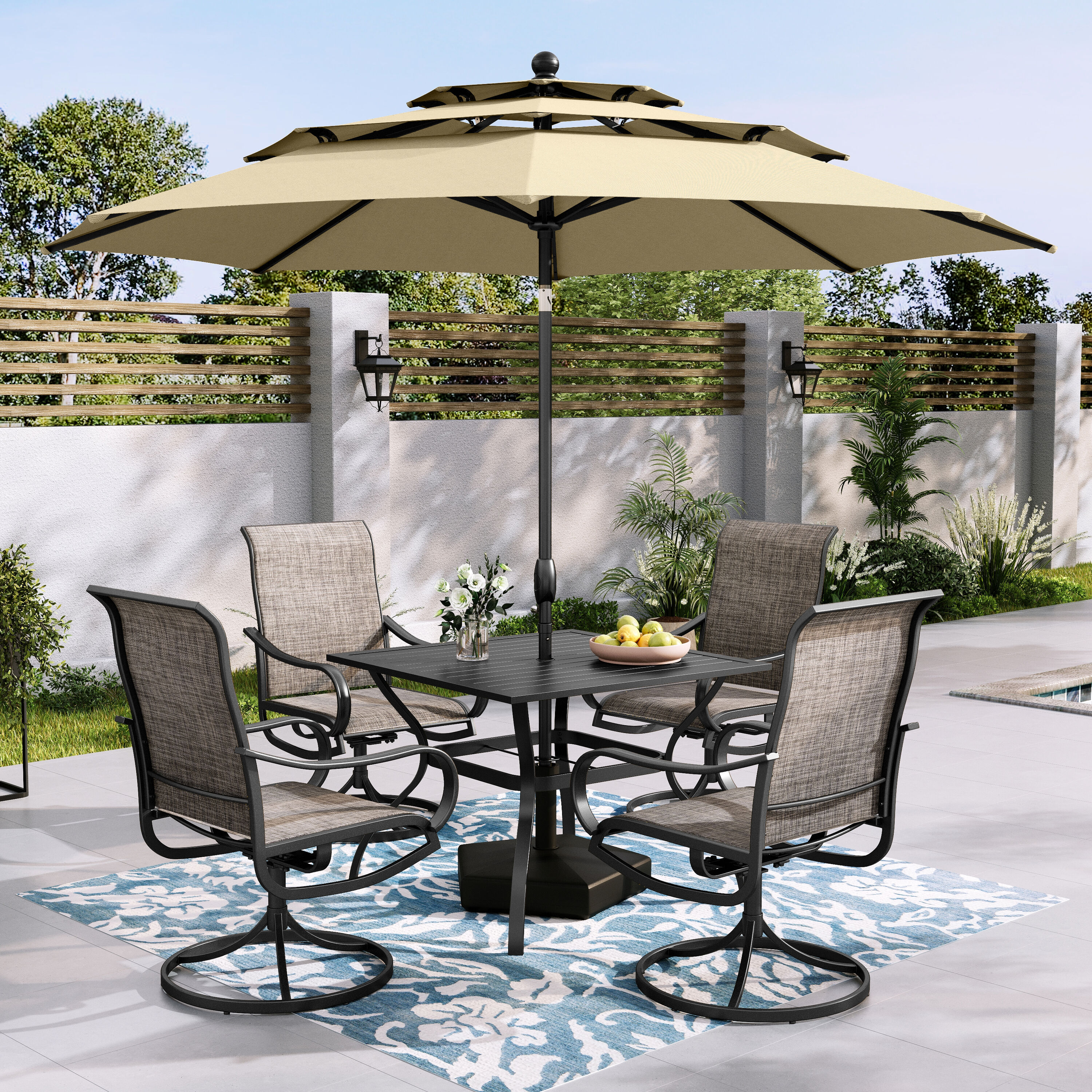 Sunshine Valley TC5-093-B-01-009-M Outdoor Table and Chairs 6 -Piece Black Patio Dining Set Steel Square Table with 4 Brown Swivel Chairs and Umbrella Included