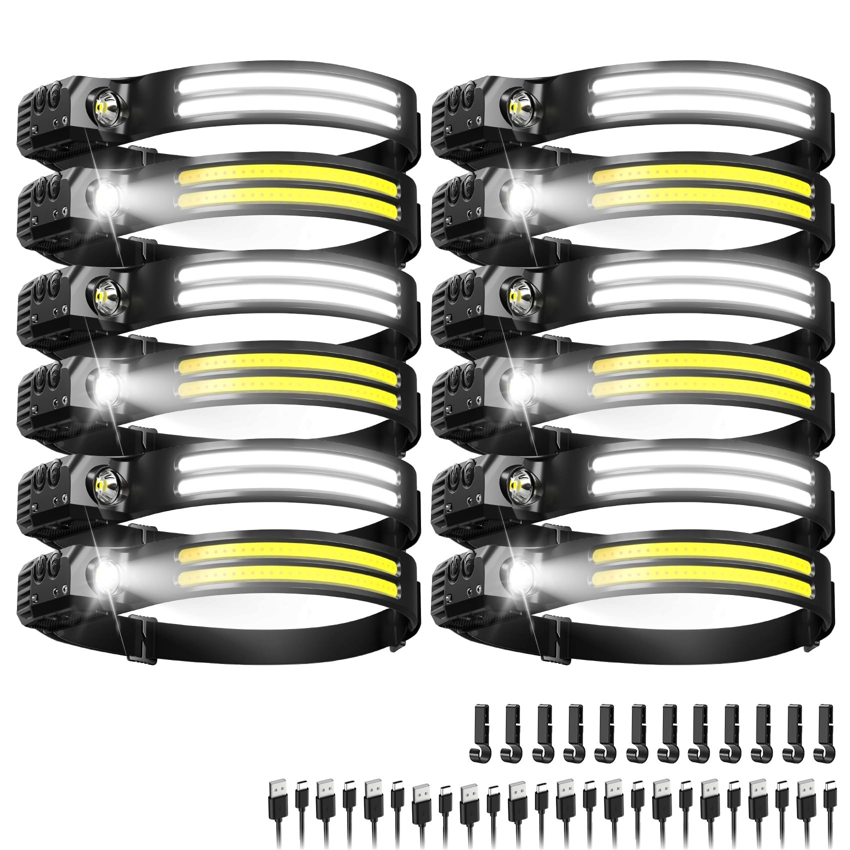 Lukvuzo 12 Pack Rechargeable LED Headlamp 230 Degree Wide Beam 6 Mode Waterproof Hands Free Forehead Light for Camping Hiking Running Outdoor #LLU0427P47