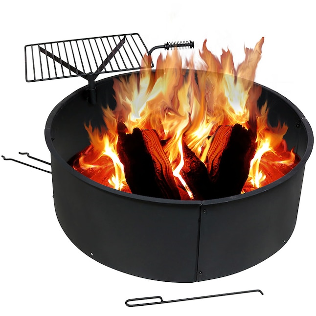 Black Steel Wood Burning Fire Pit, Sunnydaze Foldable Fire Pit Cooking Grill Gratered Steel