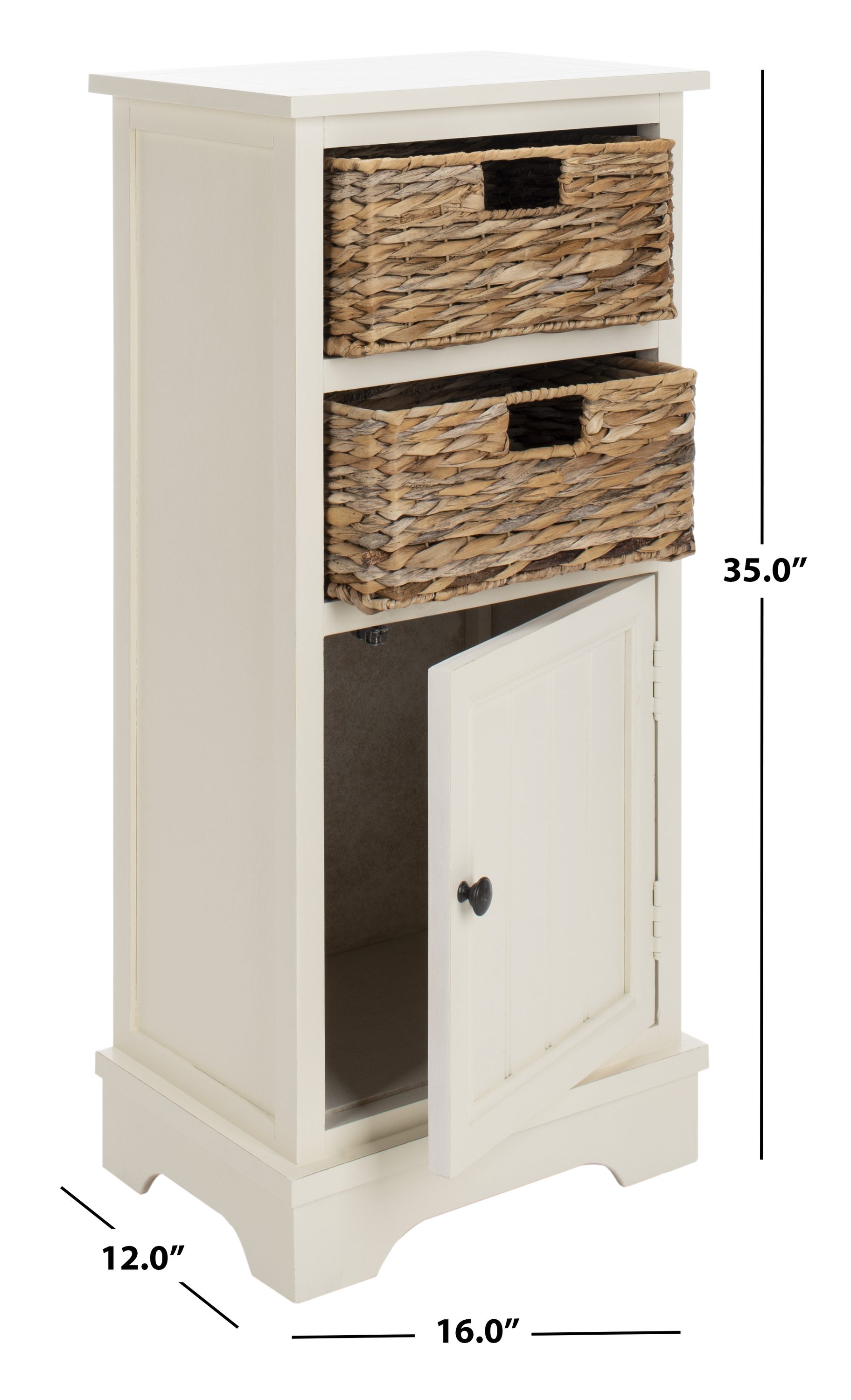 Distressed White Pine Accent Cabinet with Wicker Baskets