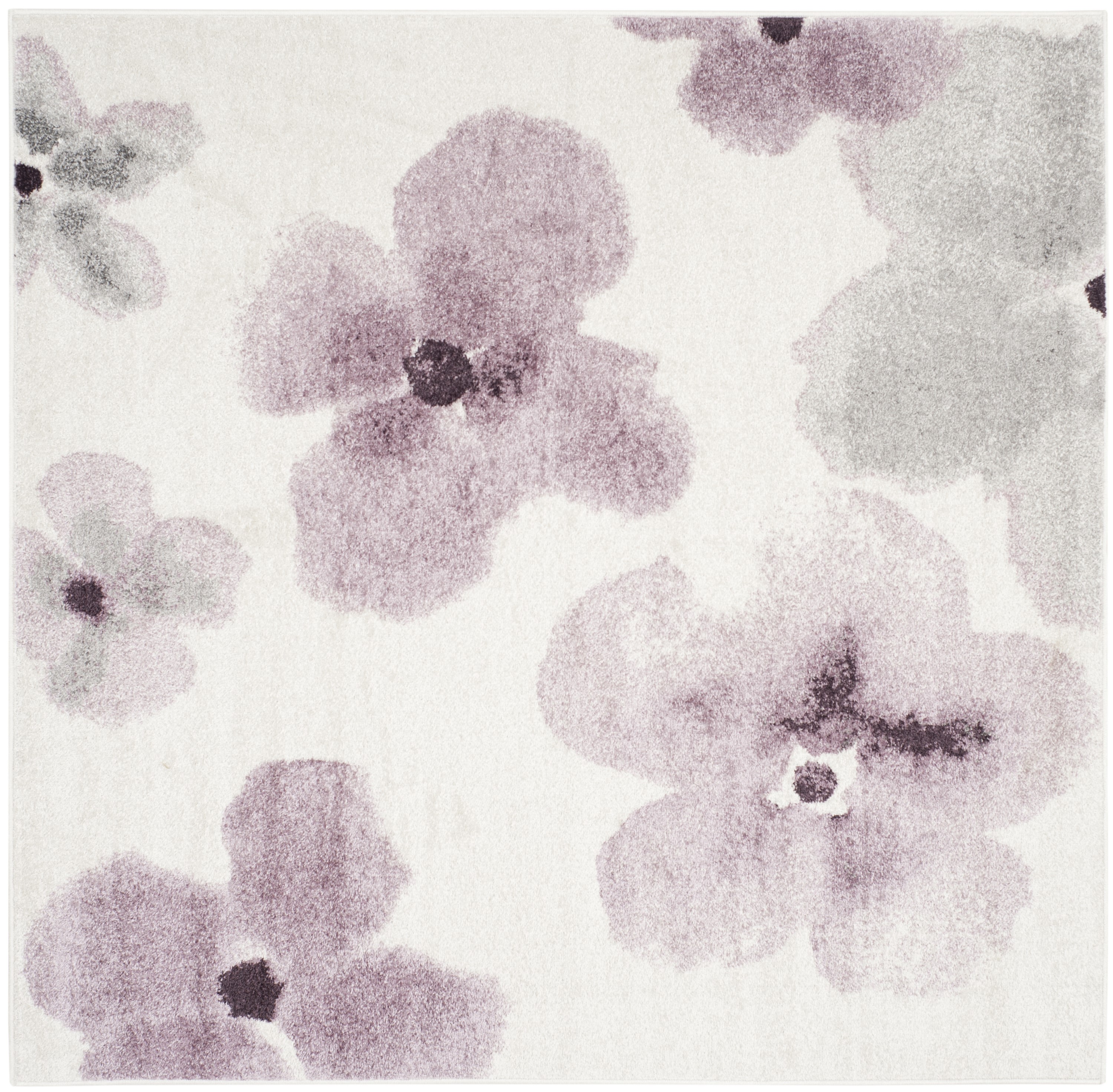 Ivory Floral Square Easy-Care Synthetic Rug - 6'x6'