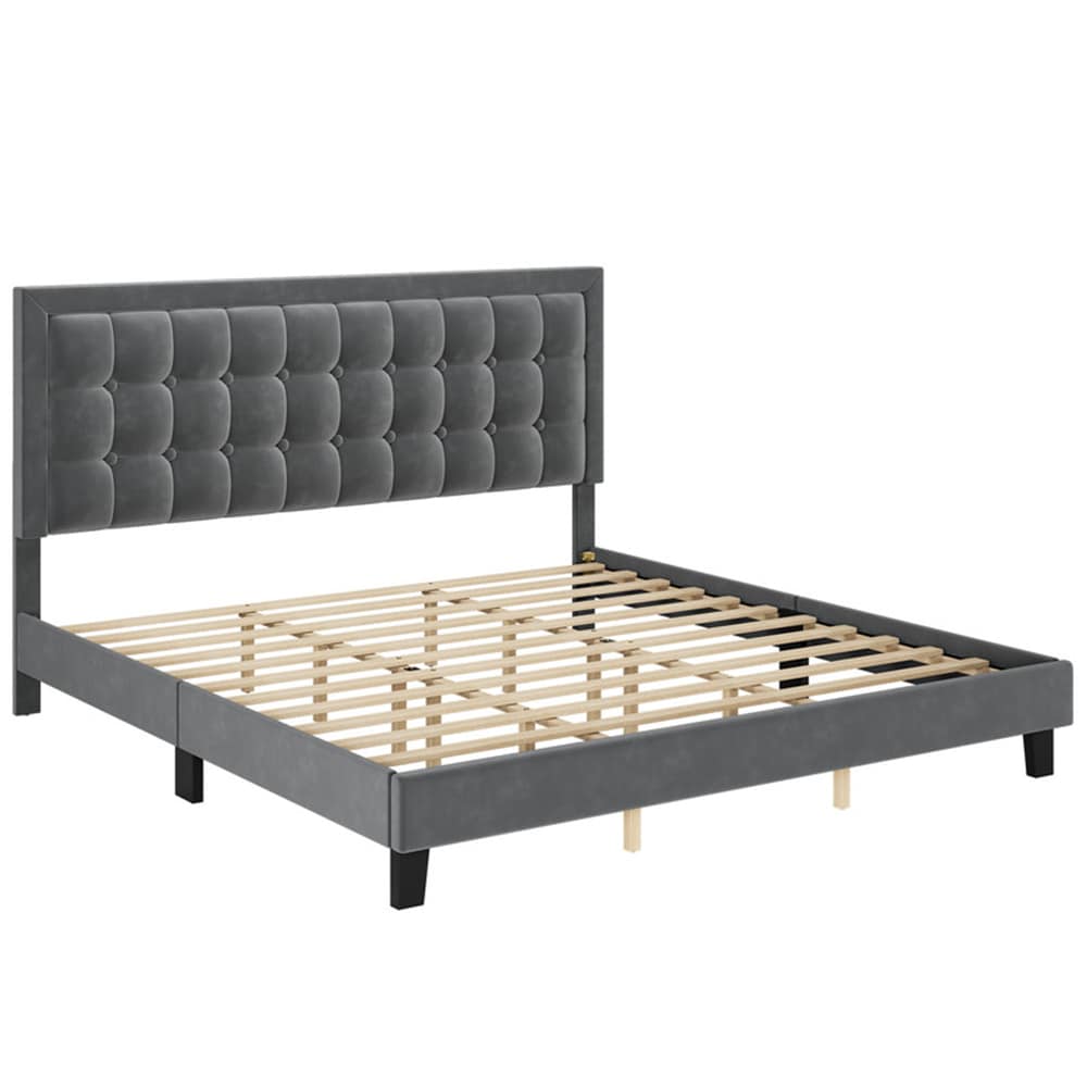 Garvee PHO-0X4T990E Full Light Gray Wood Tufted Platform Bed with Headboard