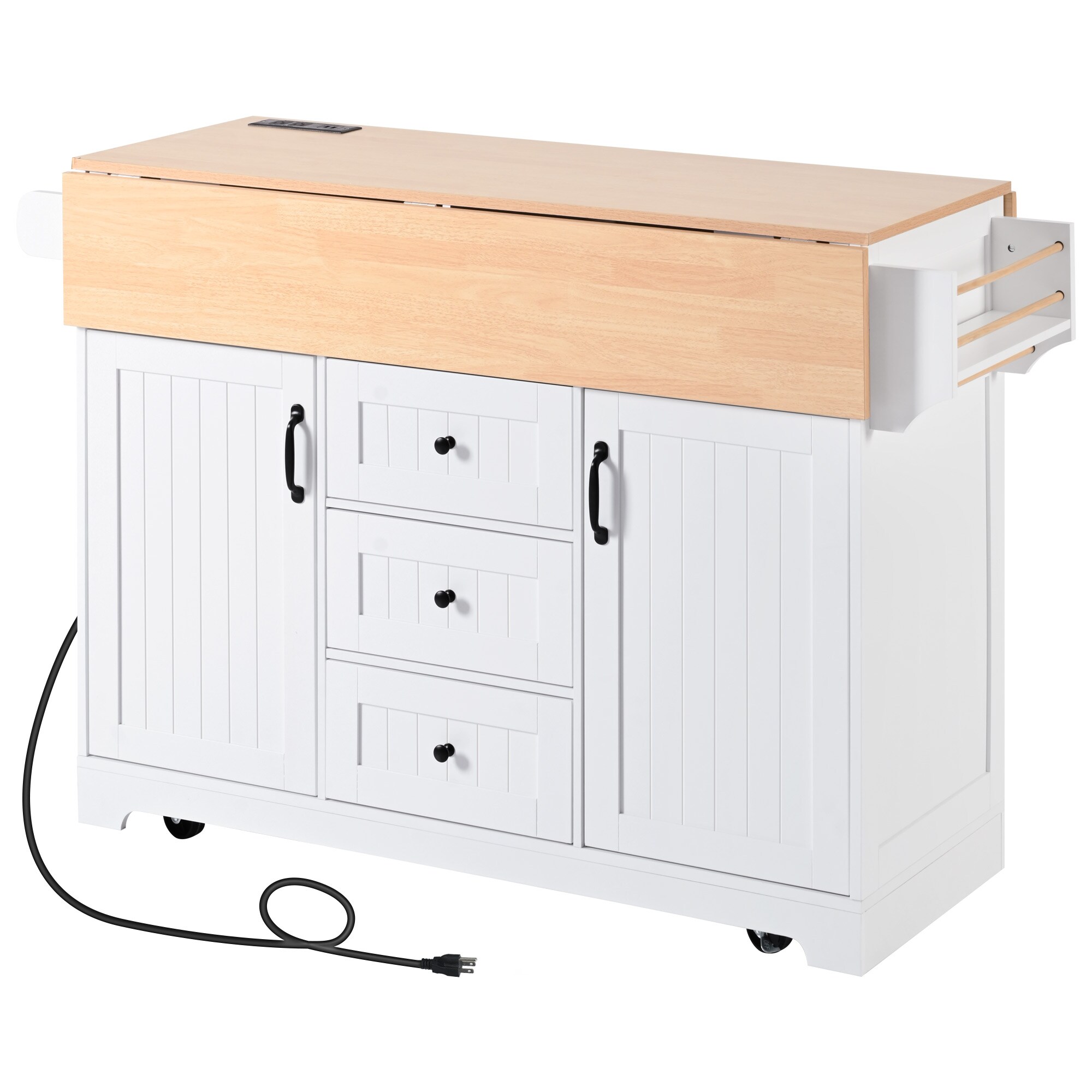 Bybafun YB2600118 White MDF Base with MDF Wood Top Rolling Kitchen Island ( 33.5-Inches x 55.7-Inches x 36.5-Inches )