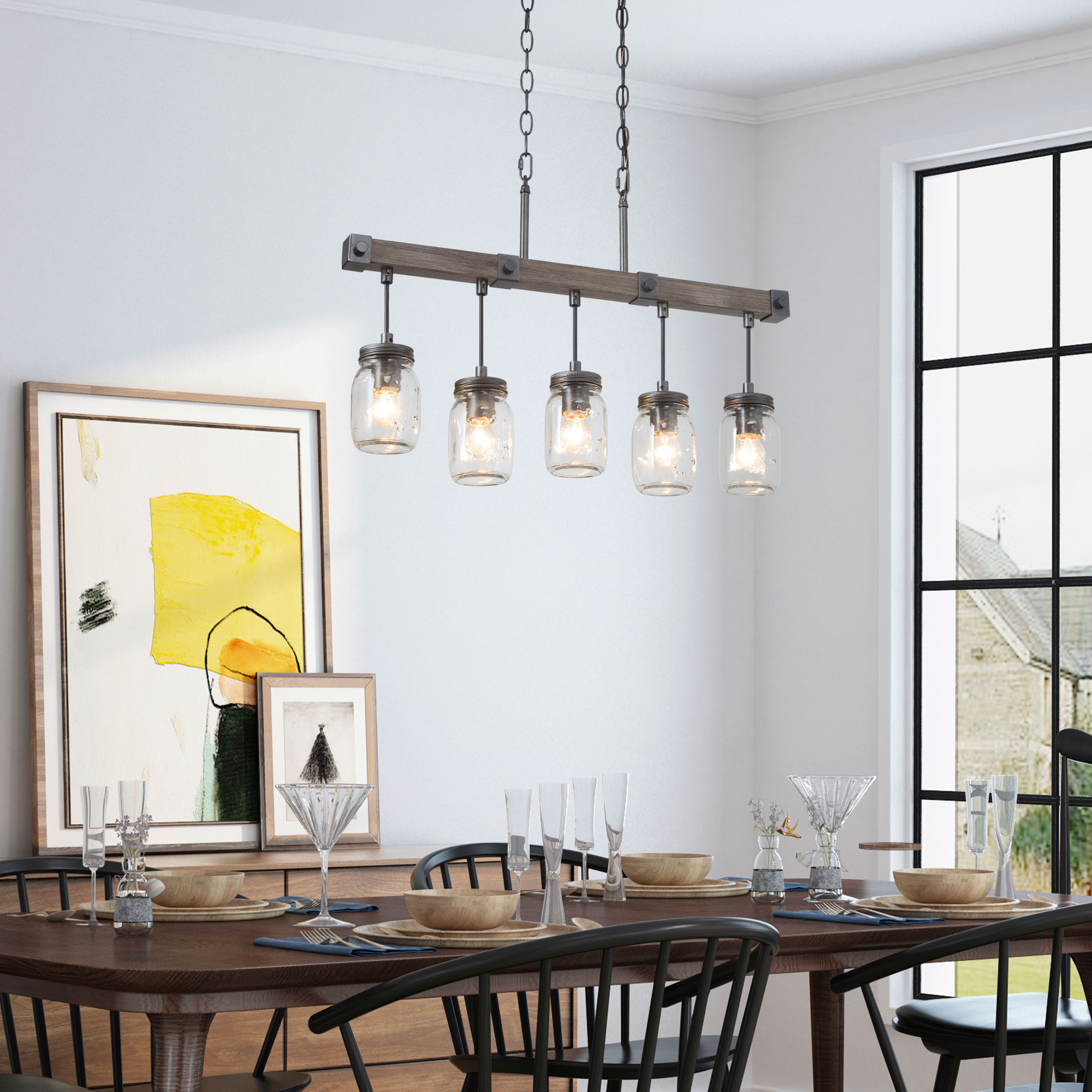 LNC Maison 5-Light Distressed Rusty Black and Brown Wood Grain Farmhouse Textured Glass Linear LED Hanging Kitchen Island Light