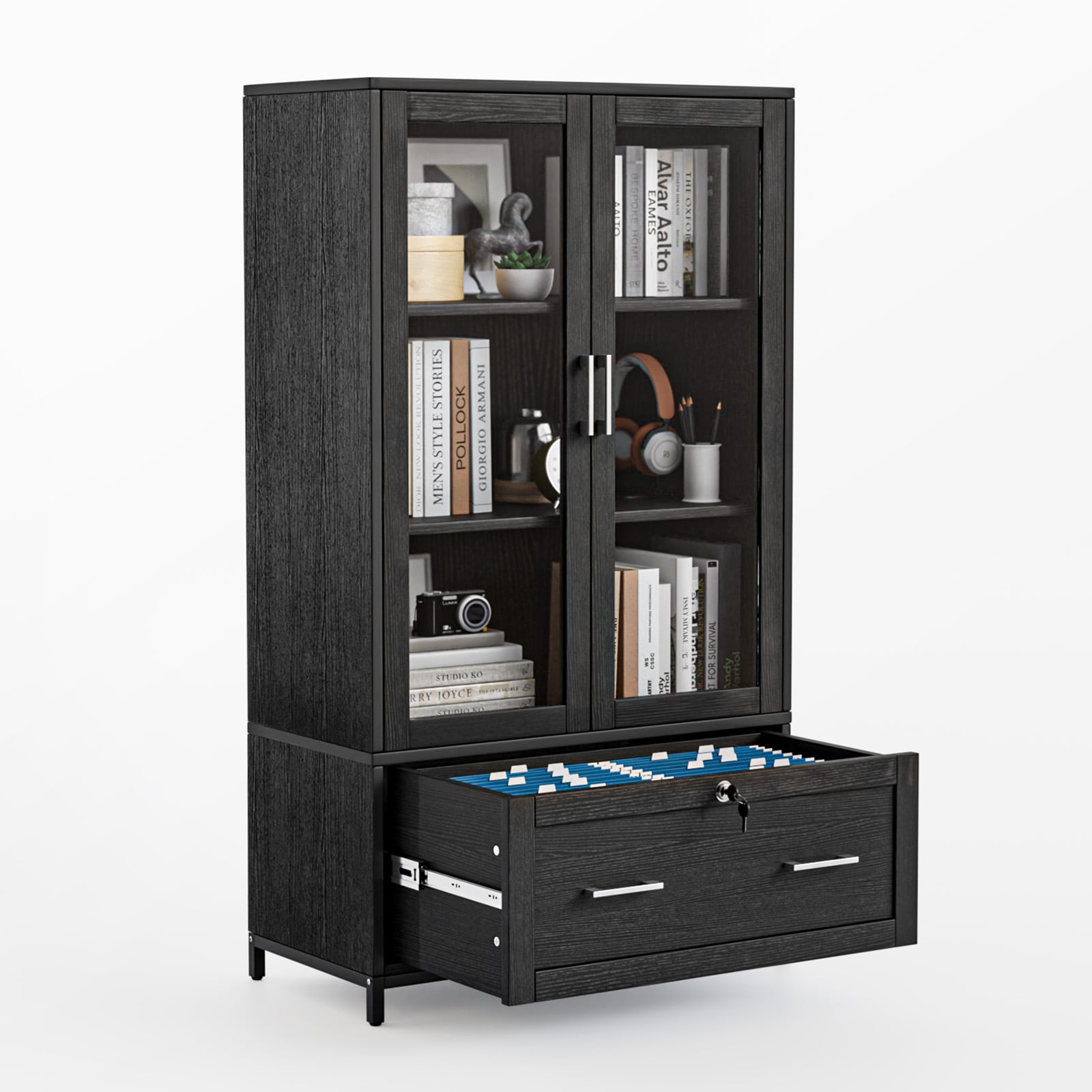 VINGLI 29.5W x 55.2H Lateral File Cabinet with Glass Doors and Locking Drawer for Hanging File Folders Black