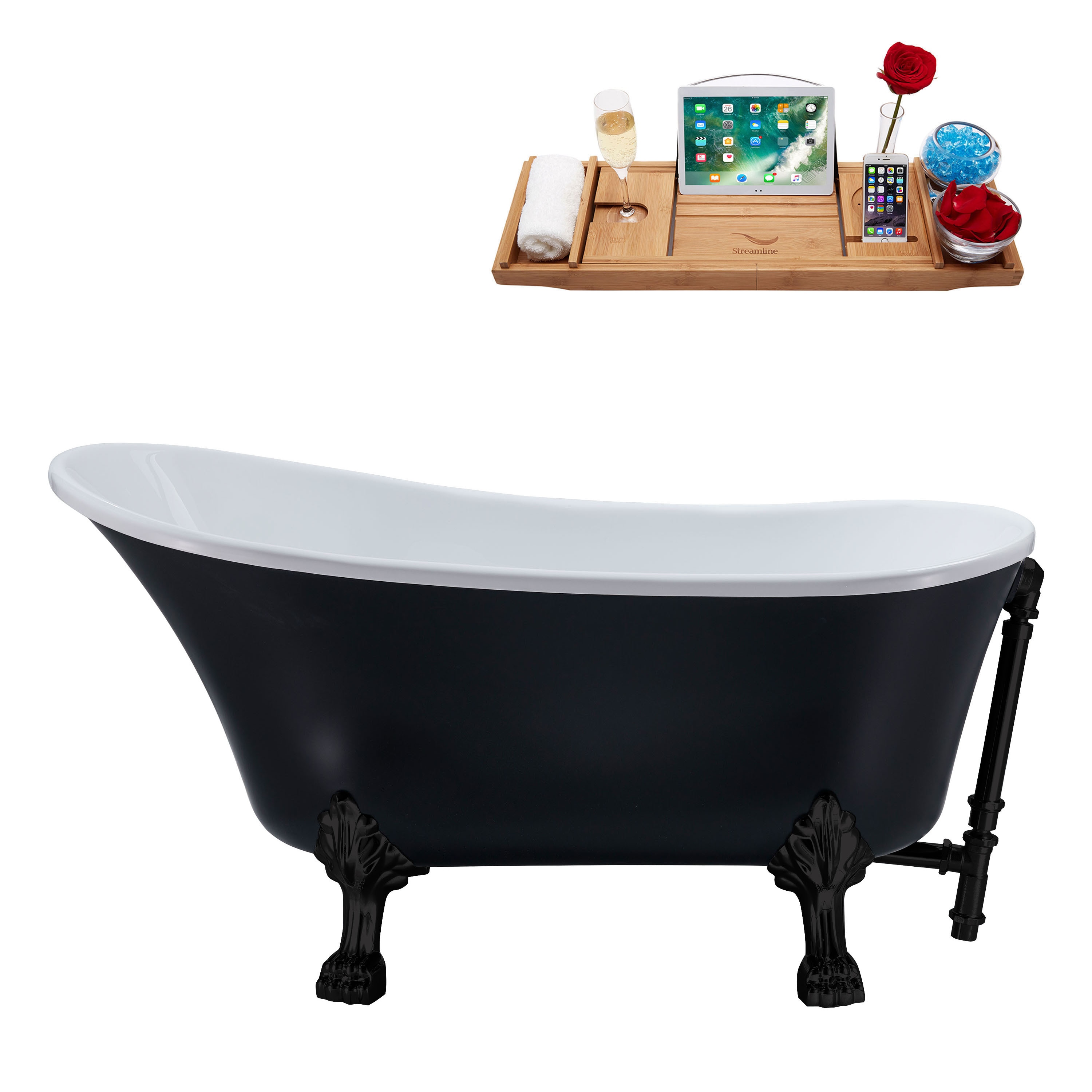 Streamline N357BL-BL 26.8-in x 55.1-in Matte Black Acrylic Oval Clawfoot Soaking bathtub with Drain ( Reversible Drain )