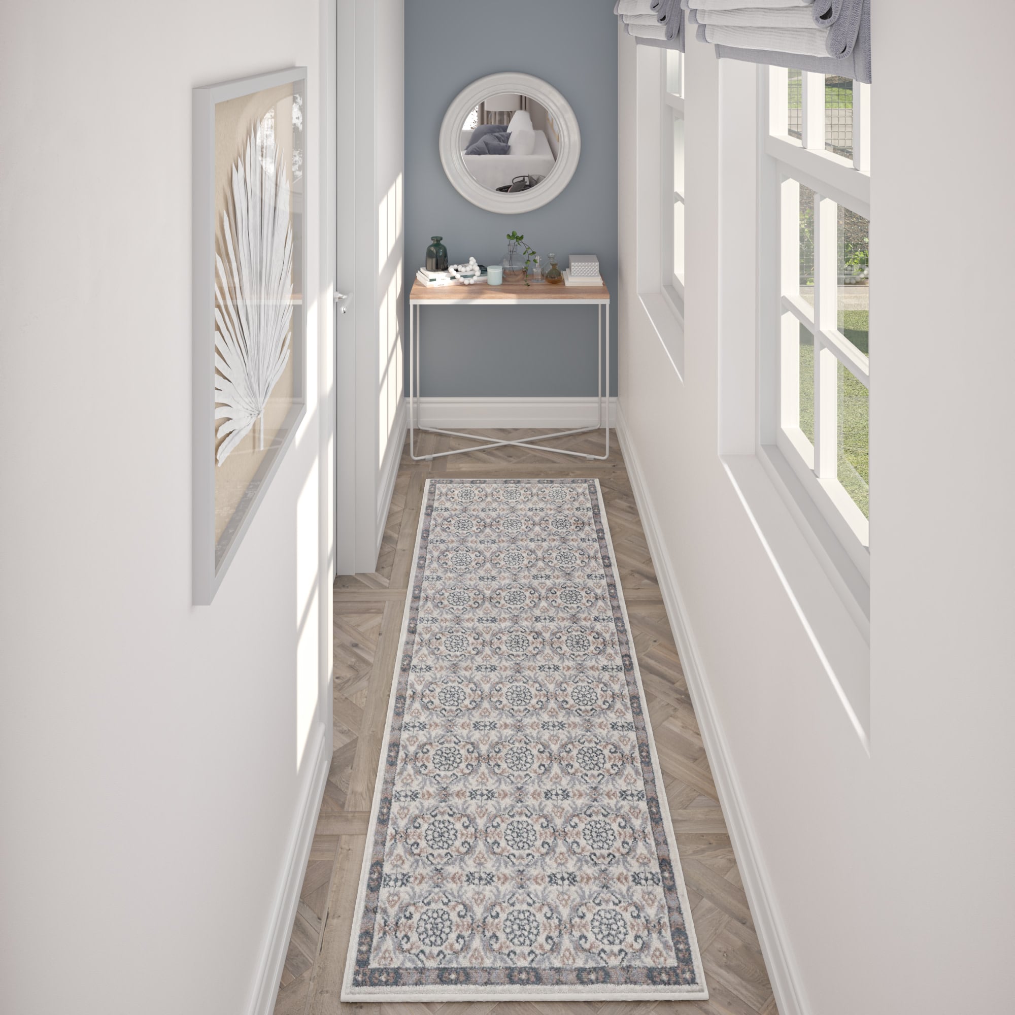 Tayse HMP3817 2X8 2 x 8 (ft) Loomed Polypropylene Cream Rectangular Indoor Damask Farmhouse/Cottage Runner rug