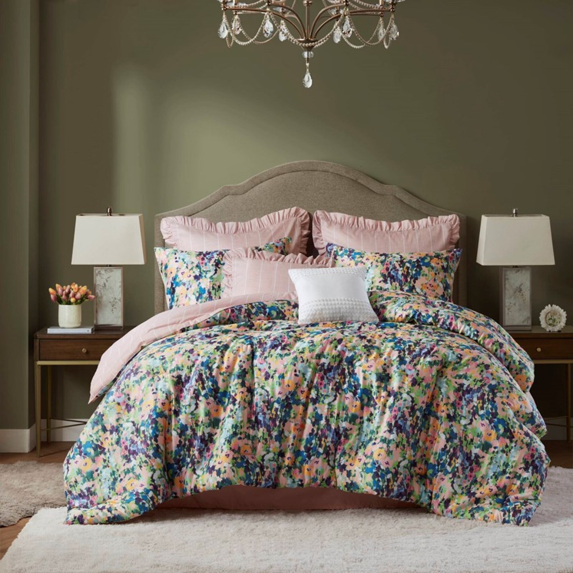 Roomfitters  8Piece Queen Comforter Set Floral Cotton Bedding with Shams and Bed Skirt Multi