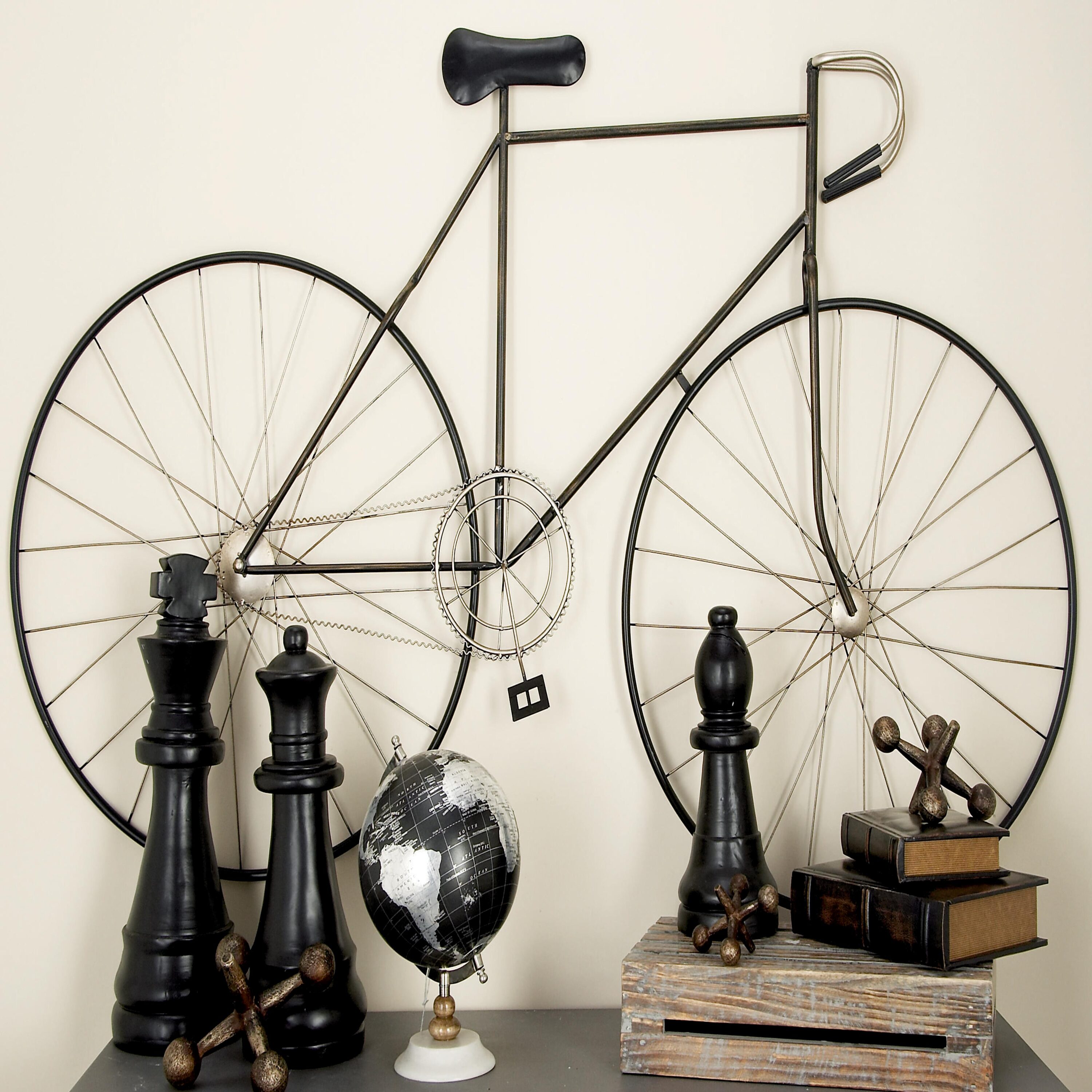 Black Metal Vintage Bicycle Wall Sculpture with Brass Accents
