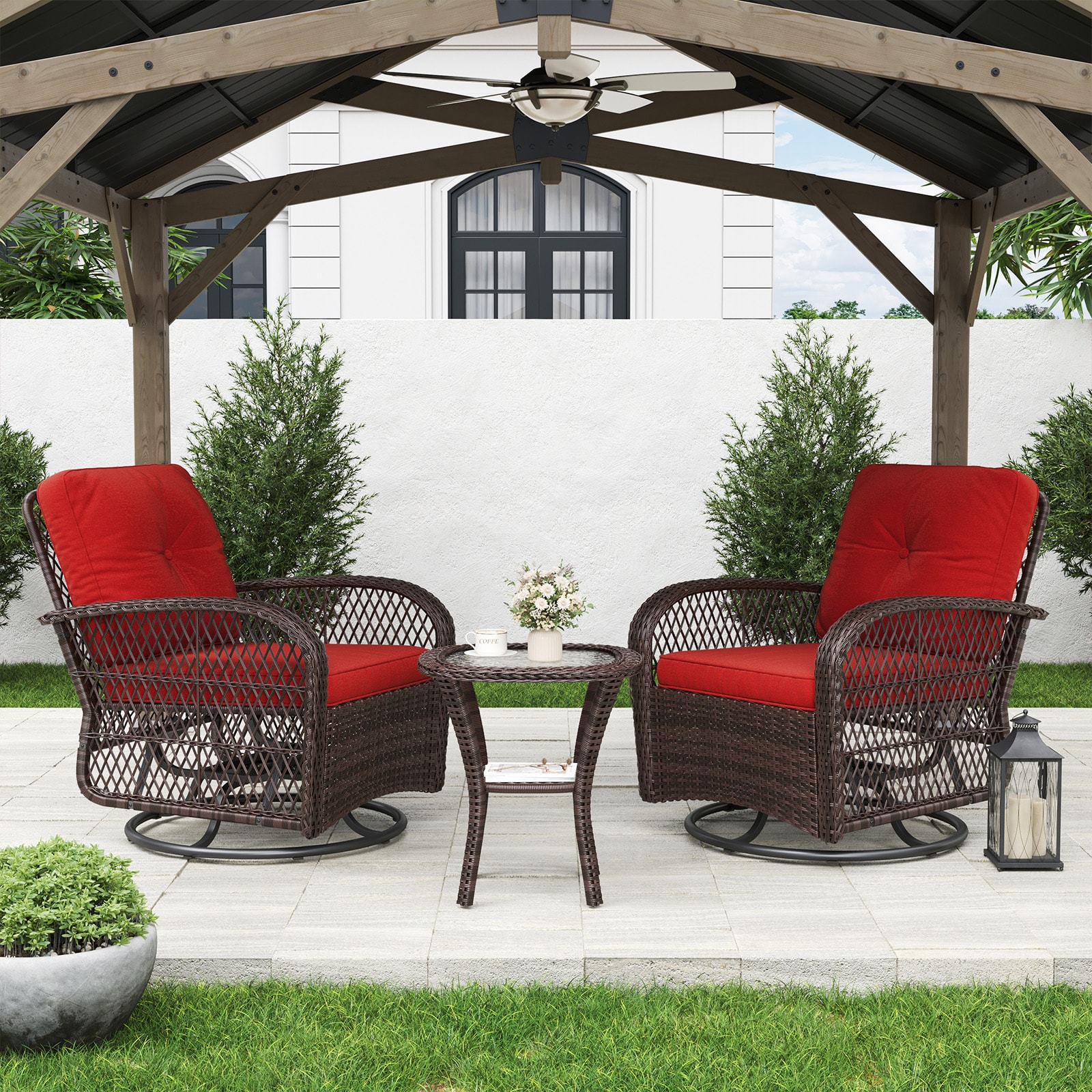 AOXUN LS-036RD-3 3 -Piece Rattan Patio Conversation Set with Red Cushions