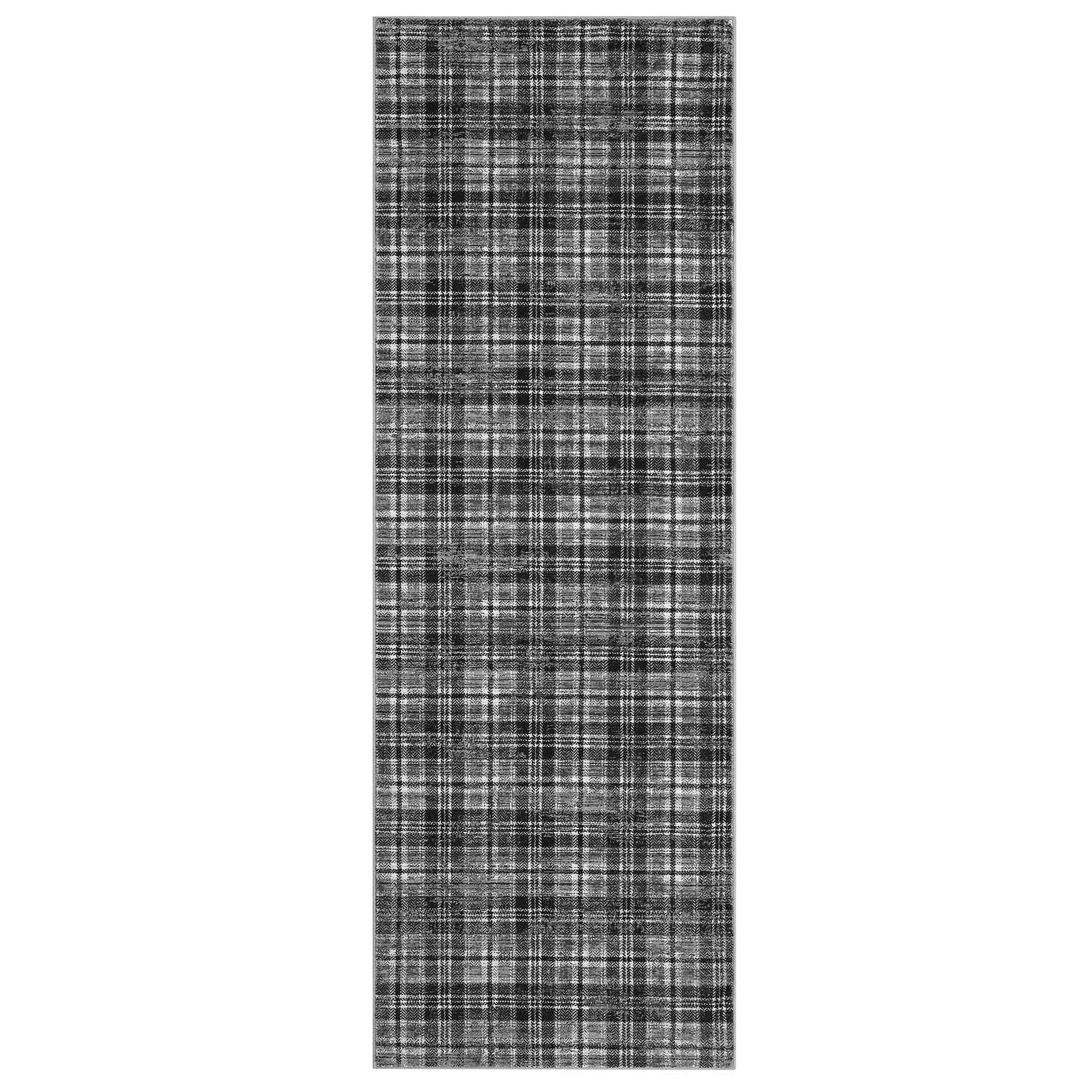 Qeetex SUNNY-PHO-13CG7EDT 2 x 6 ft Polyester Grey Rectangular Laundry Bathroom Kitchen Geometric Lattice Print Modern Machine Washable Runner Rug