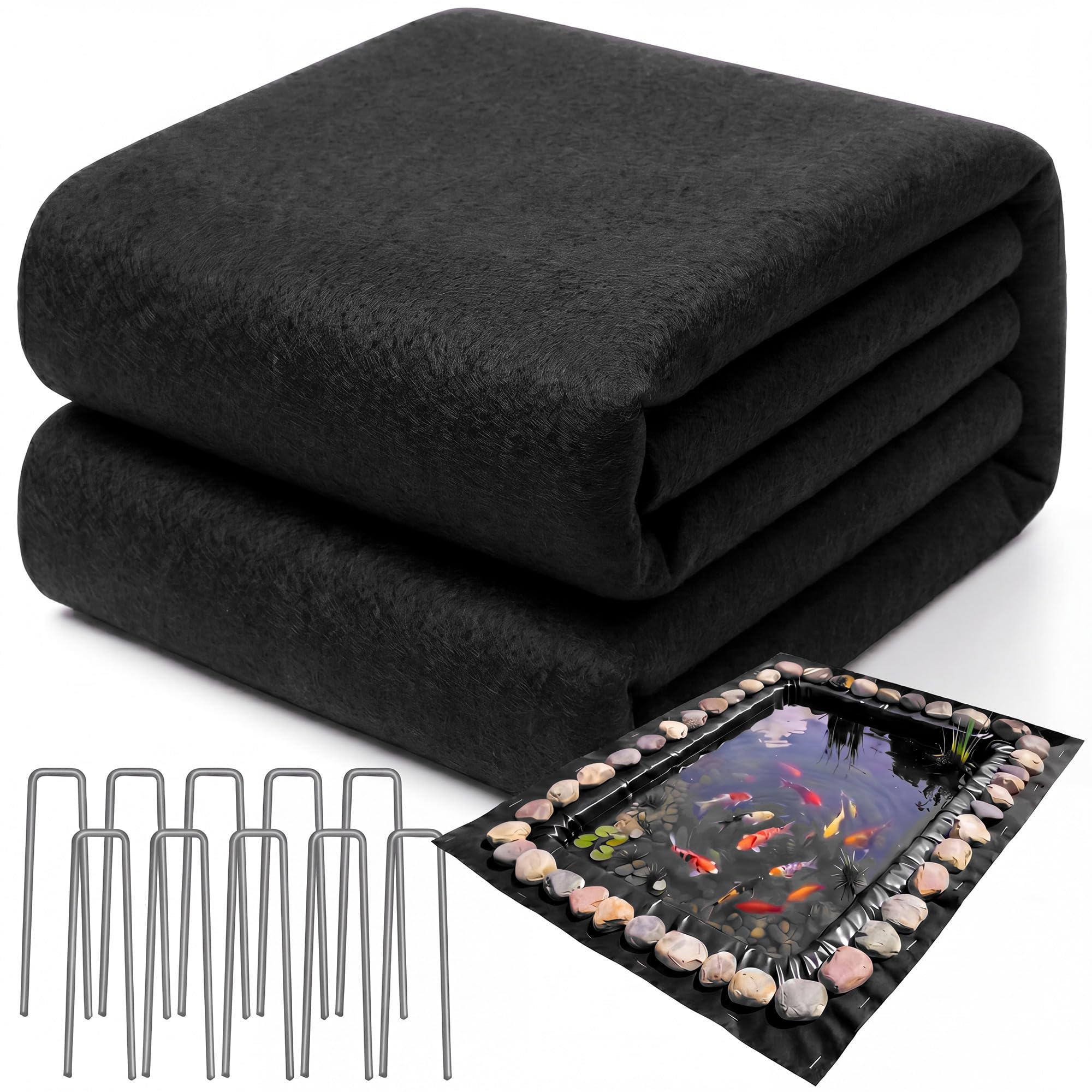 UUDULY  10 x 15 Feet Pond Liner Underlayment 6oz Black Non Woven Geotextile Fabric with 10 U Pins for Outdoor Ponds Streams Fountains Garden