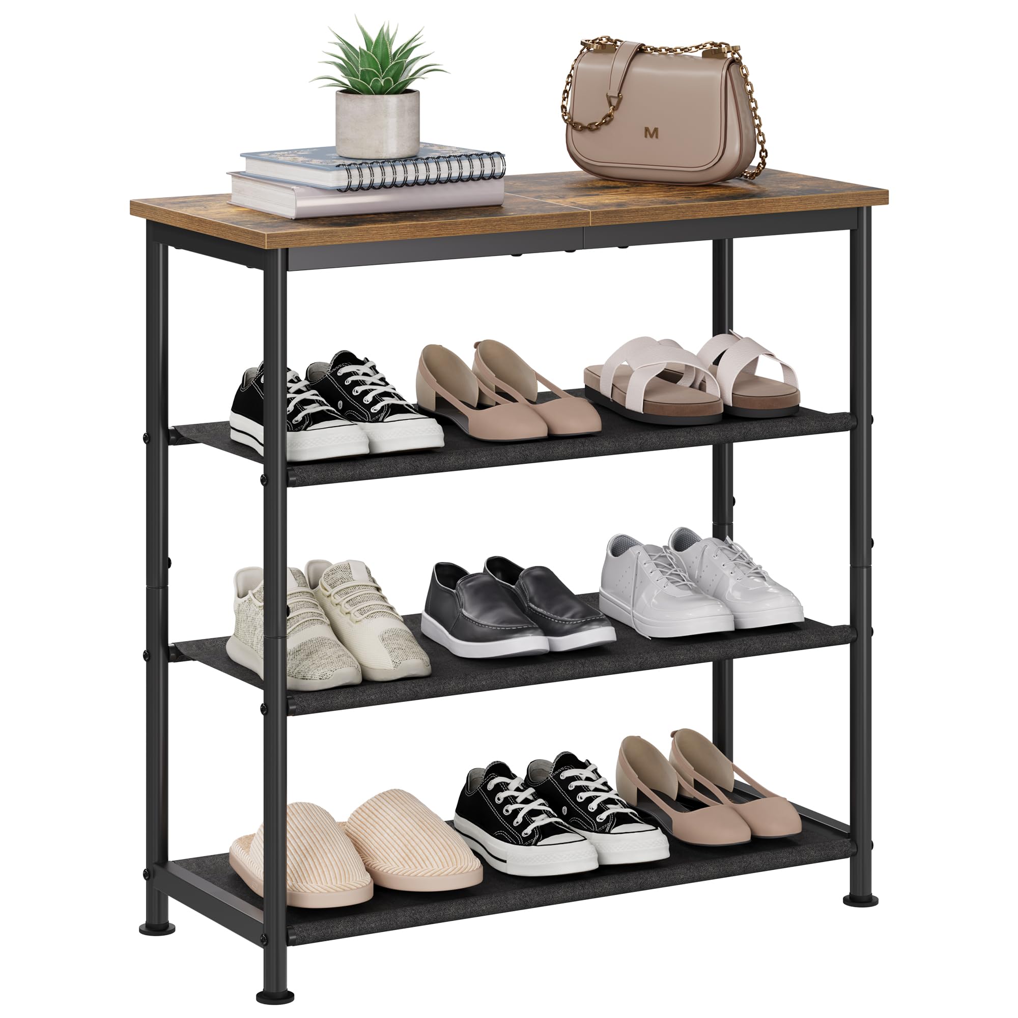 DEXSO 10 Tier Metal Shoe Rack with 3 Removable Fabric Shelves 29.5x11.8x28 Inch Brown and Black Finish Space Saving Storage Organizer