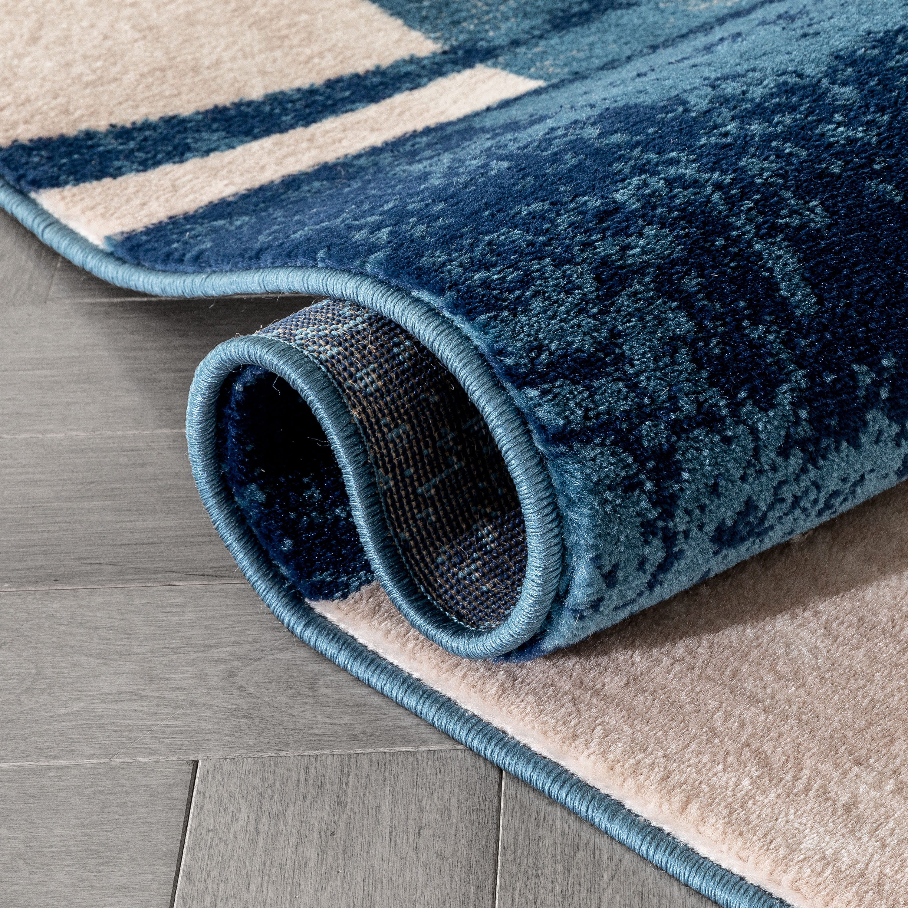 Geometric Gray Blue Synthetic Runner Rug