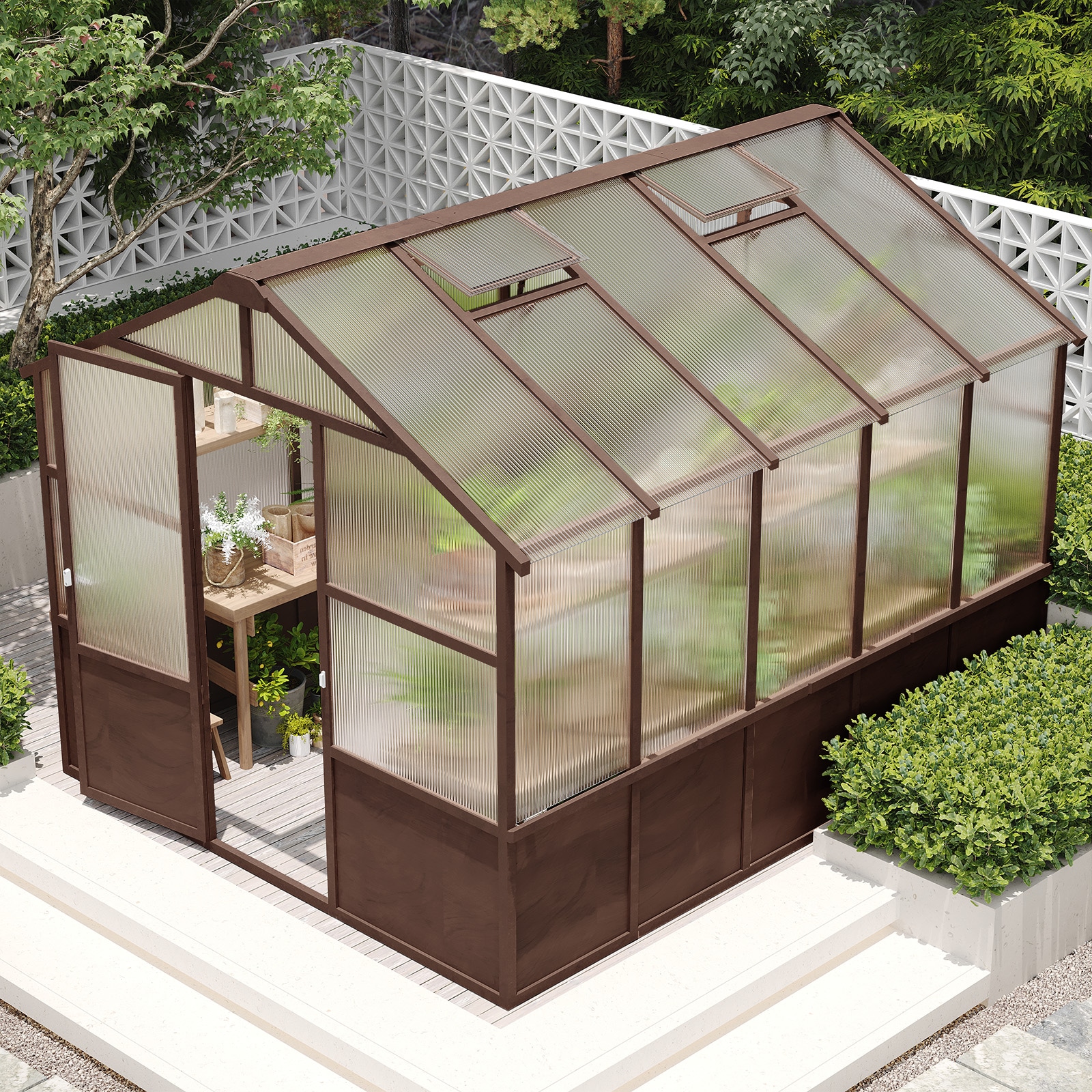 RITSU - 98.82 in L x 117.91 in W x 88.78 in H Dark Coffee Wood Frame Polycarbonate Walk In Green...