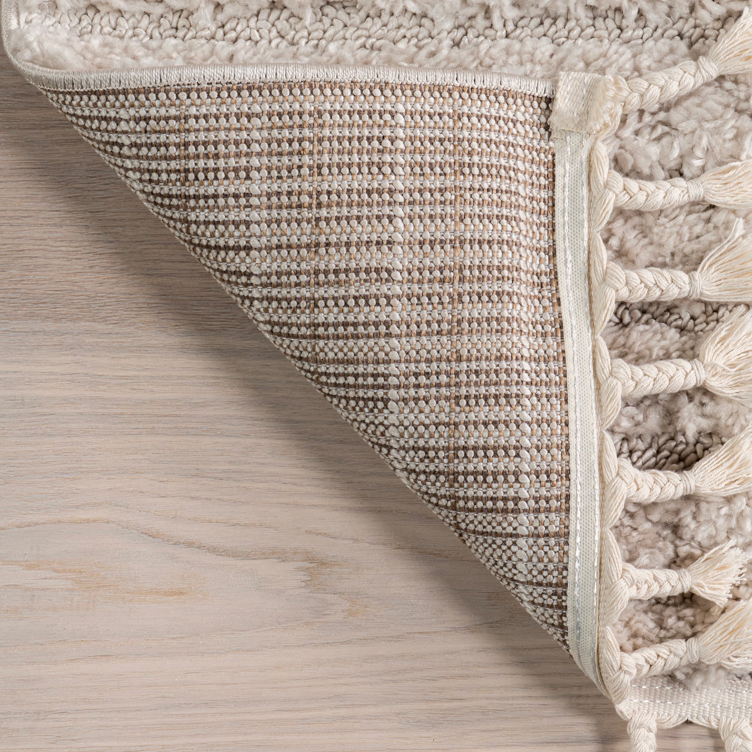 Beige Geometric Shag Rectangular Area Rug with Tassels